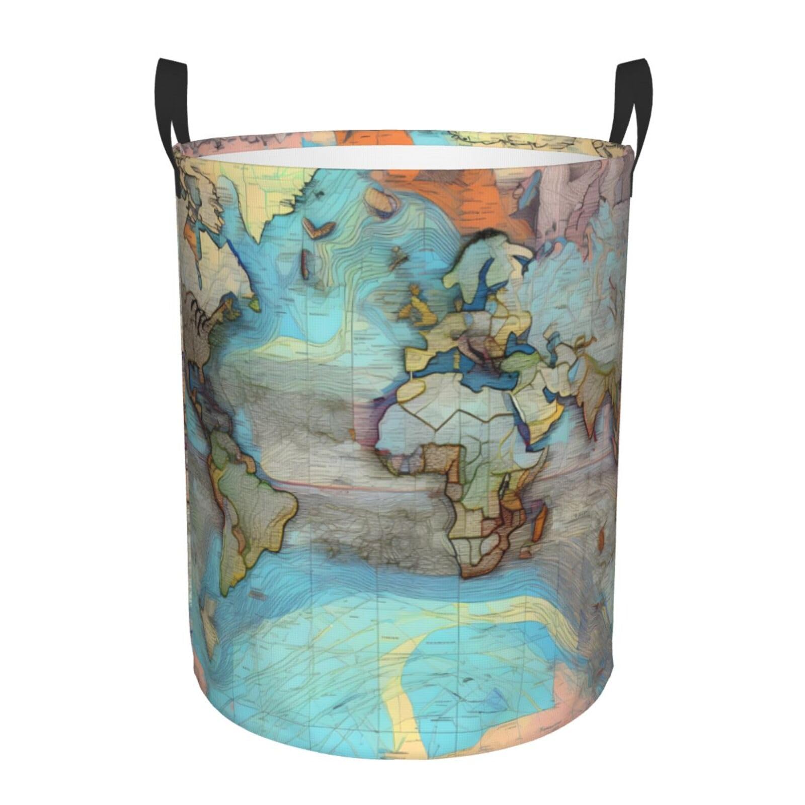 S Collapsible Cartoon world map Print Circular Hamper Round