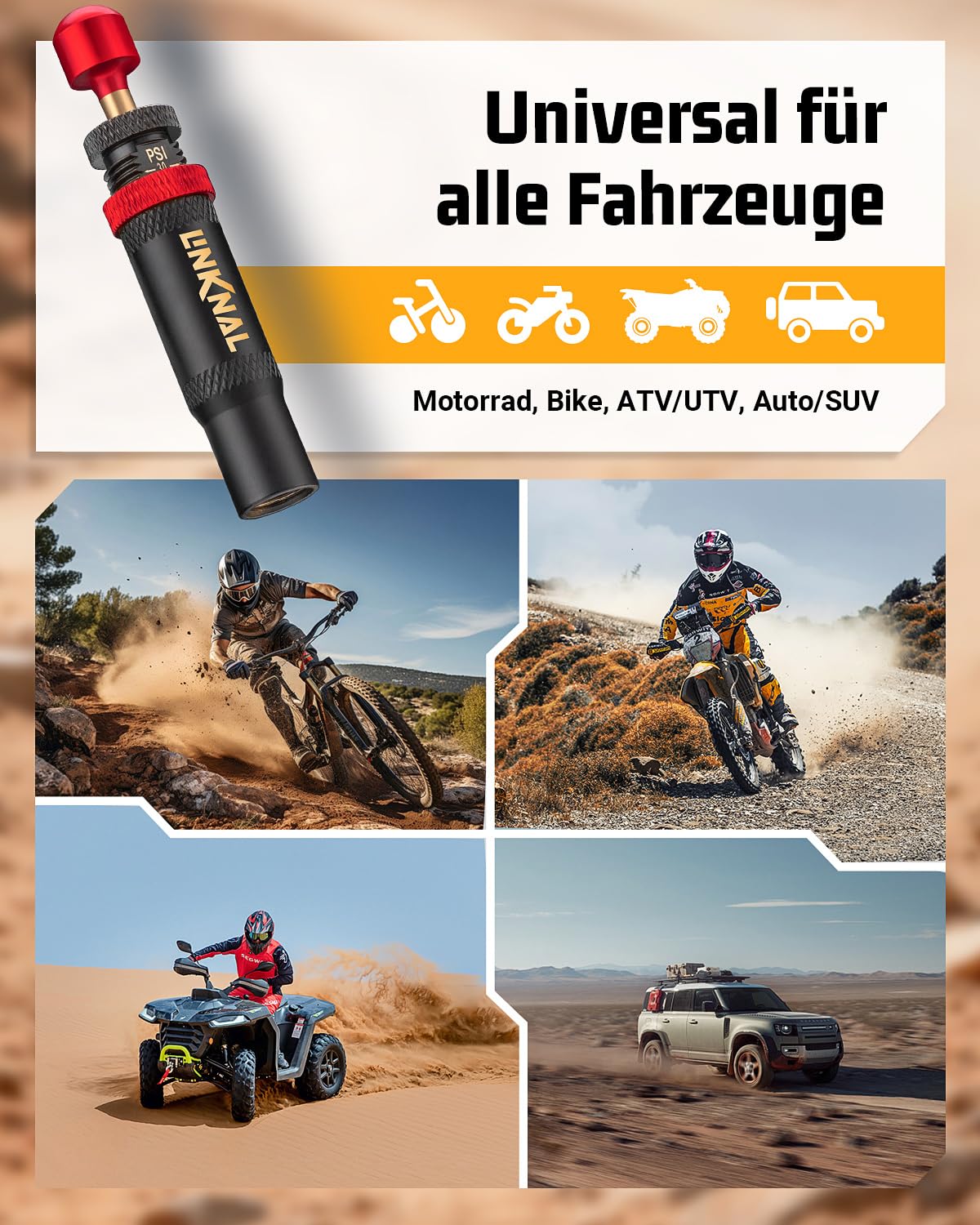 LINKNAL 4 Stück Reifendruck-Ablassventile, Auto-Stop-Reifenablassventil-Set (10–30 psi / 0,7–2 bar) für Offroad 4x4, Jeep, LKW, SUV – mit Aufbewahrungstasche und 5 Ventilkappen, Rot
