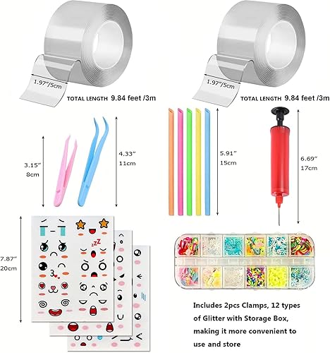 Miniatura 8 de Kit de burbujas de nano cinta, 2 cintas nano con bomba de globo, 12 tipos de purpurina con caja de almacenamiento, 2 abrazaderas, 5 pajillas,