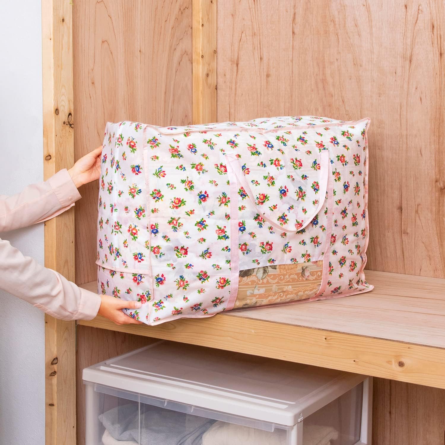 Astro 183-25 Storage Case for Feather Duvets, Single and Double Size, Petite Rose Pattern, Non-woven Fabric, Storage Bag, Vertical Storage, Handle Included