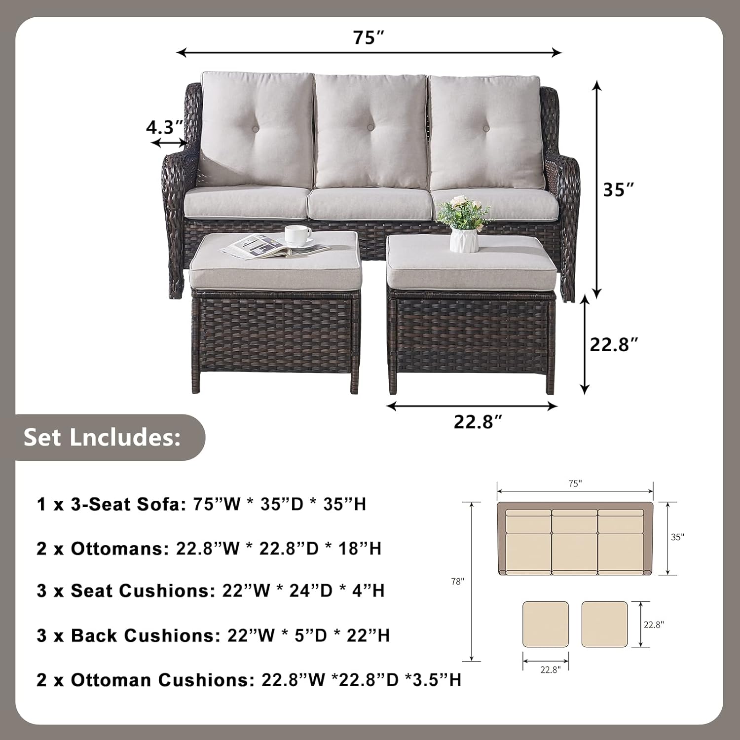 Rilyson 3 Piece Wicker Patio Furniture Set - Outdoor Rattan Patio Comversation Set with 1 Sofa and 2 Ottomans for Outside Porch Deck Garden(Brown/Beige)