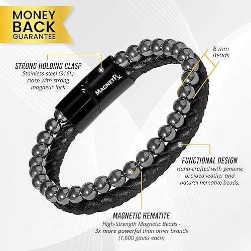 Miniatura 5 de MagnetRX Pulsera magnética de hematita y cuero, piedras naturales de máxima resistencia, pulseras magnéticas de hematita con cuentas (mediana)