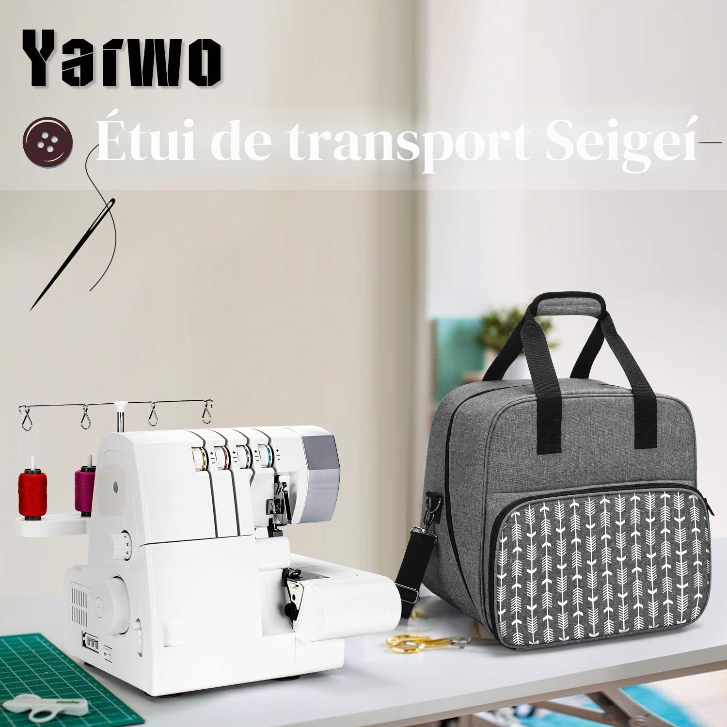 Yarwo Sac de Rangement pour Surjeteuse, Planche de Bois Amovible | Avec Planche Bois Amovible, Rembourrage Épais, Poche Devant avec 3 Pochettes et Poches Translucides pour Surjeteuses