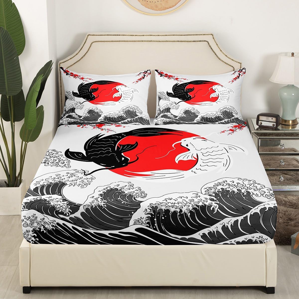 Erosebridal Japanese Ukiyo-E Style Fitted Sheet Queen Size, Koi Carp Fish Microfiber Bed Sheets for Kids Girls Boys, Sea Waves Ocean Bedroom Accessories for Bedroom, Cherry Blossom Trees Bed Cover