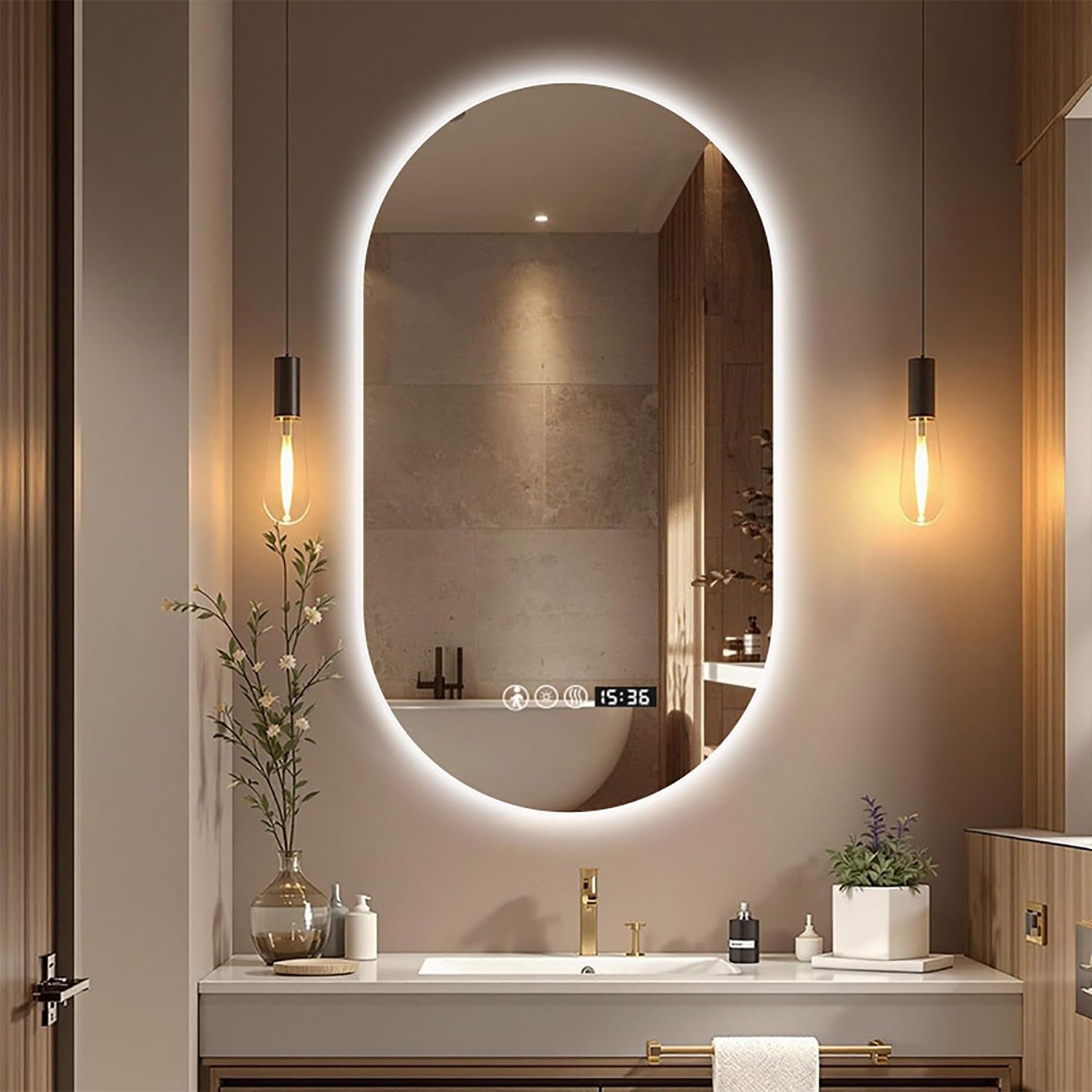 WJFTODAY Modern Anti-Fog Oval Bathroom Mirror 51"x32" with Touch Control, Frameless LED Vanity Mirror, Dimmable 3 Colors Backlit for Stylish Home Decor