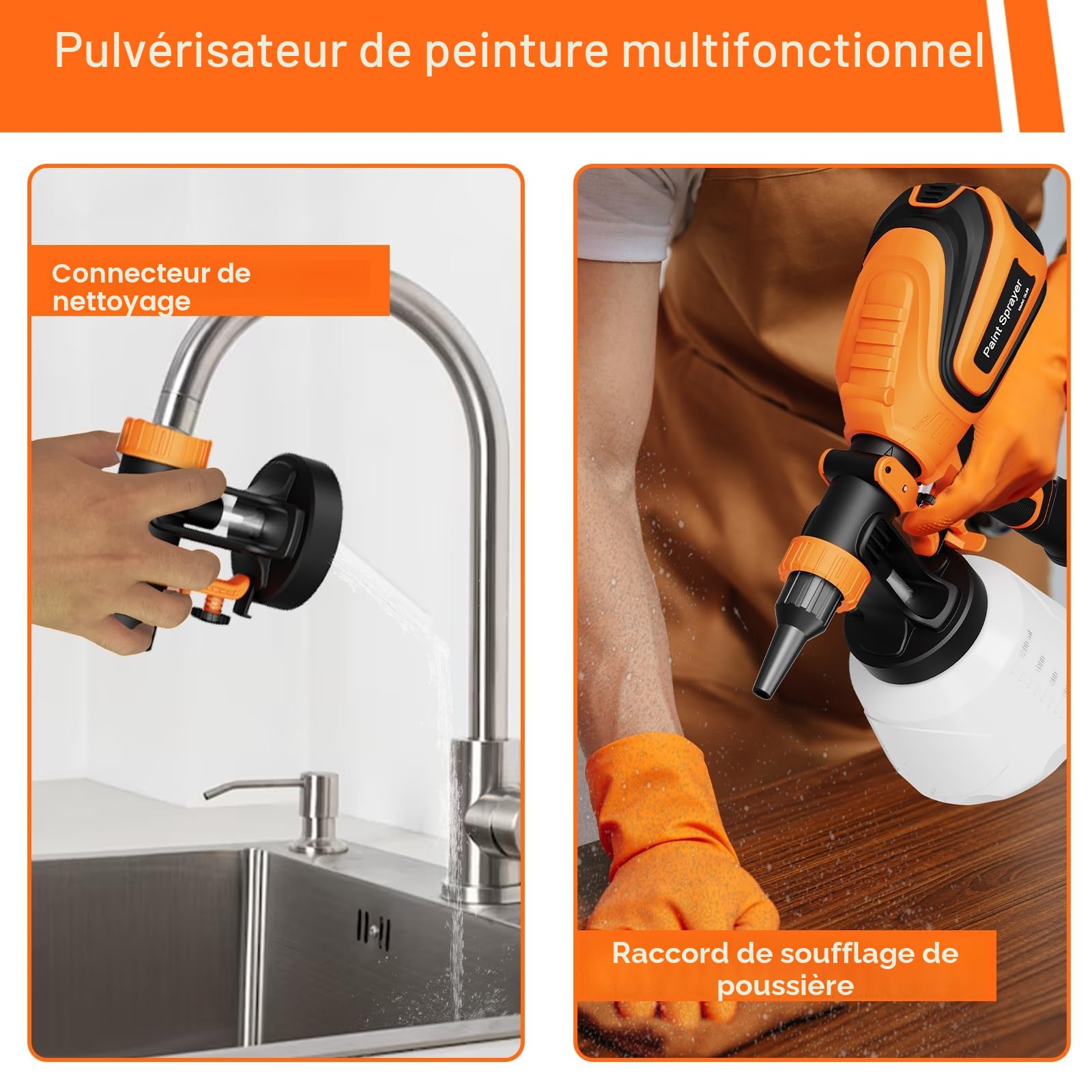HVLP Pulvérisateur de Peinture Électrique 700 W avec Réservoir de 1200 ML, Eébit 1000 ML/Min, 4 Buses et 3 Modes de Pulvérisation, Eébit Réglable, Raccord de Nettoyage & Soufflage de Poussière