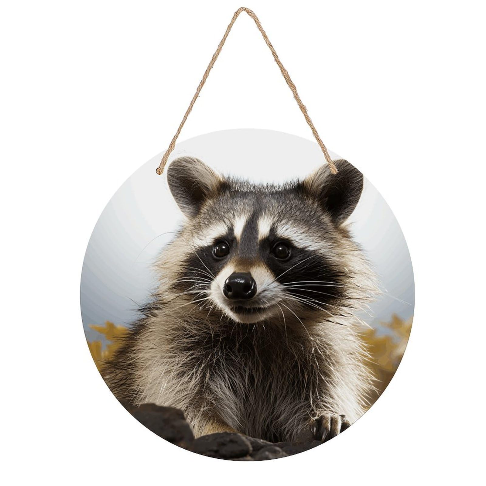 VstaDank Hairy Raccoon Wall Decor Round Wood Hanging Sign 7.9x7.9 in Wooden Circle Door Hanger with Ropes, Rustic Wall Art Decor for Home Front Door Indoor Outdoor Decoration