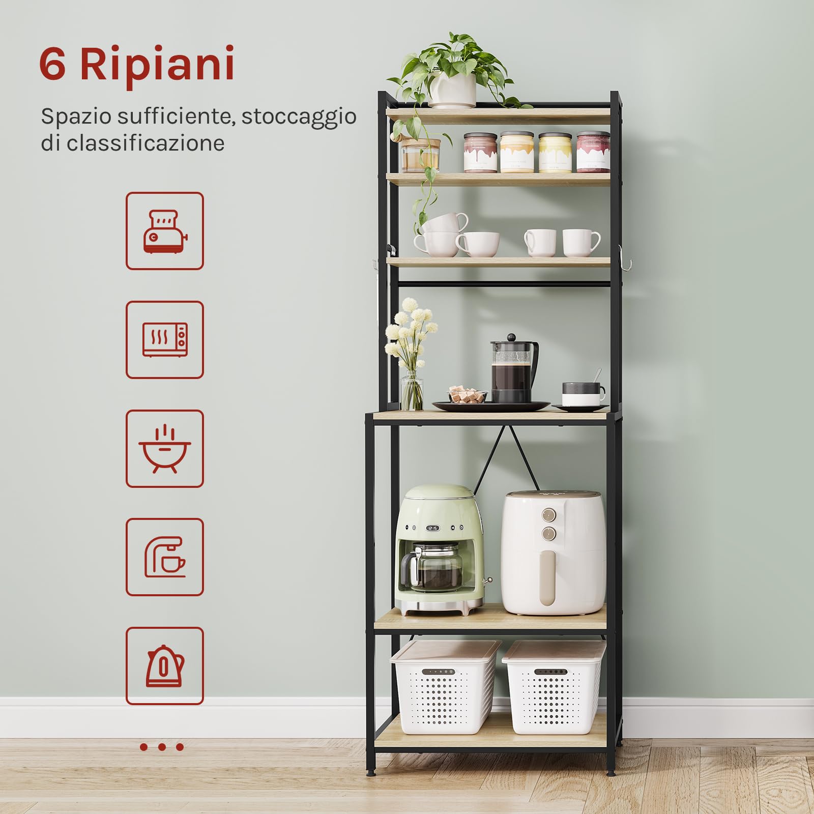 WOLTU Scaffale da Cucina con 6 Ripiani, Scaffale per Microonde con 6 Ganci, Struttura in Metallo, Legno Ingegnerizzato, 60x40x167cm, Rovere Chiaro+Nero