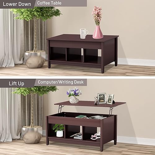 Miniatura 27 de COSTWAY Mesa auxiliar elevable, con compartimento de almacenamiento oculto y 3 estantes abiertos, mesa de té rectangular de cóctel con patas de