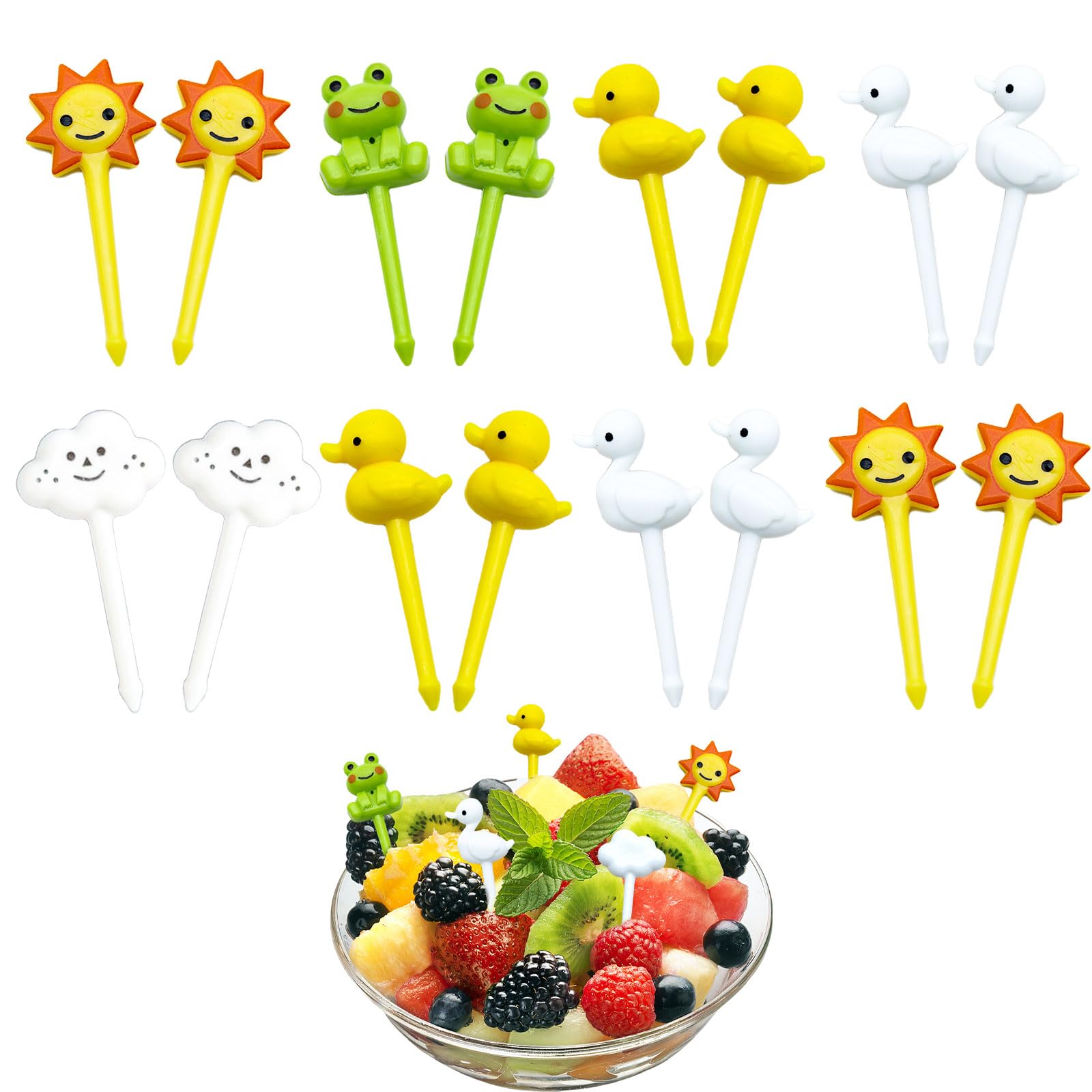 Mezrkuwr® 16 unidades de mini tenedores de frutas con dibujos animados de animales, ranas, patos, palillos de dientes para niños, accesorios para tartas, accesorios para bento, dulces, mini palillos