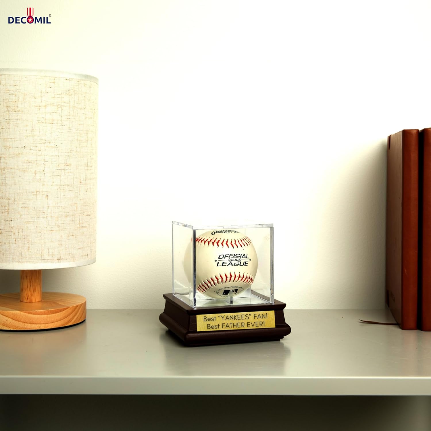 DECOMIL - UV Single Baseball Display Case, Holder - UV Protection Acrylic Cube with Wooden Stand Cherry Finish Customize, Upgraded, Name Plate
