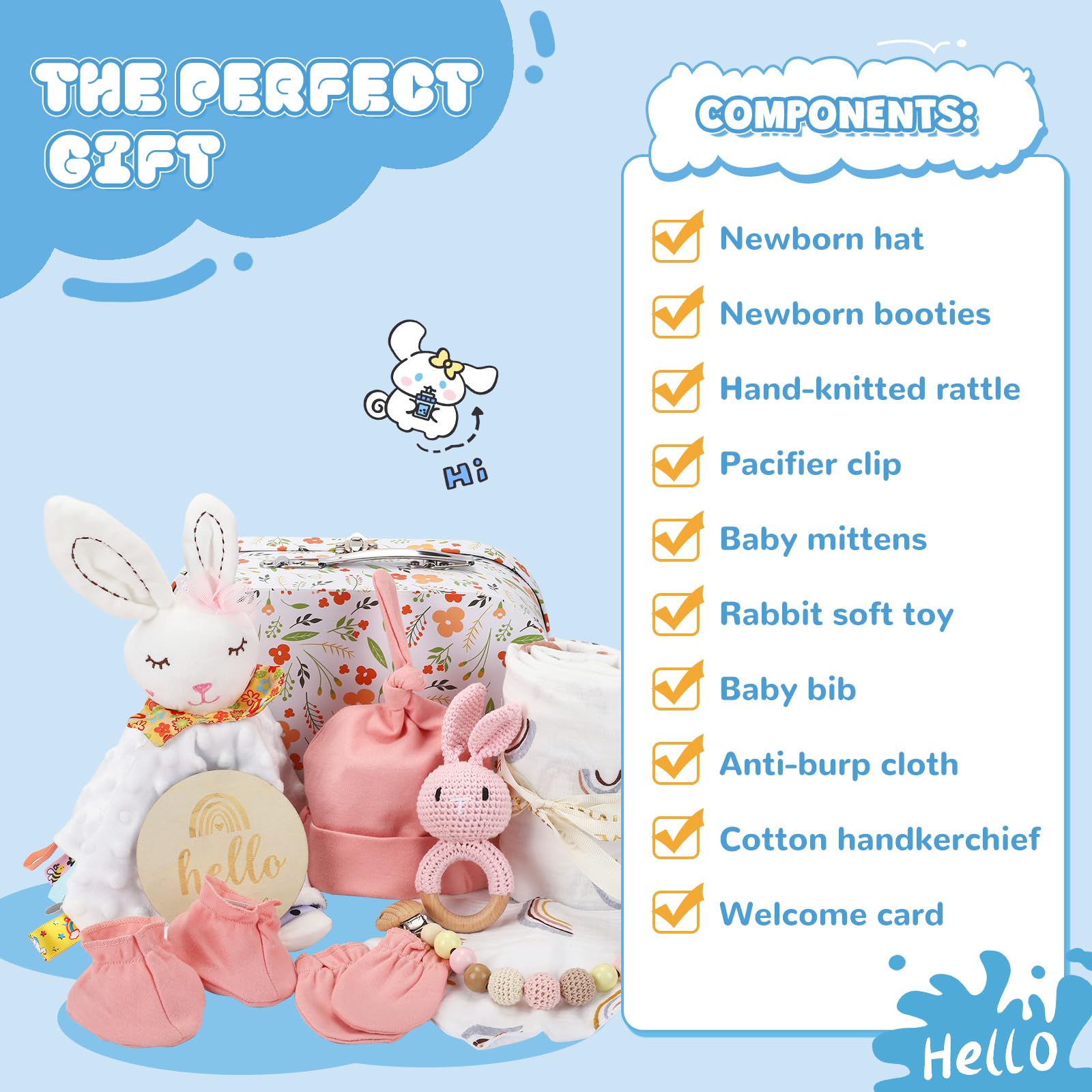 Vamei Set Regalo Neonato Maschio 9 Pezzi – Con Pagliaccetto, Calzini, Bavaglino, Doudou, Mussole, Sonaglio In Legno, Cornice E Milestone Cards – Tutto In Una Borsa Regalo