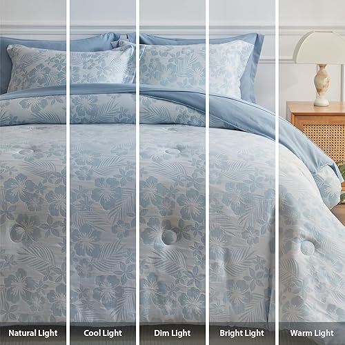Miniatura 8 de WARMDERN Juego de edredón tamaño King, juego de edredón floral blanco y azul, patrón de hojas de flores botánicas, 7 piezas de edredón de microfibra
