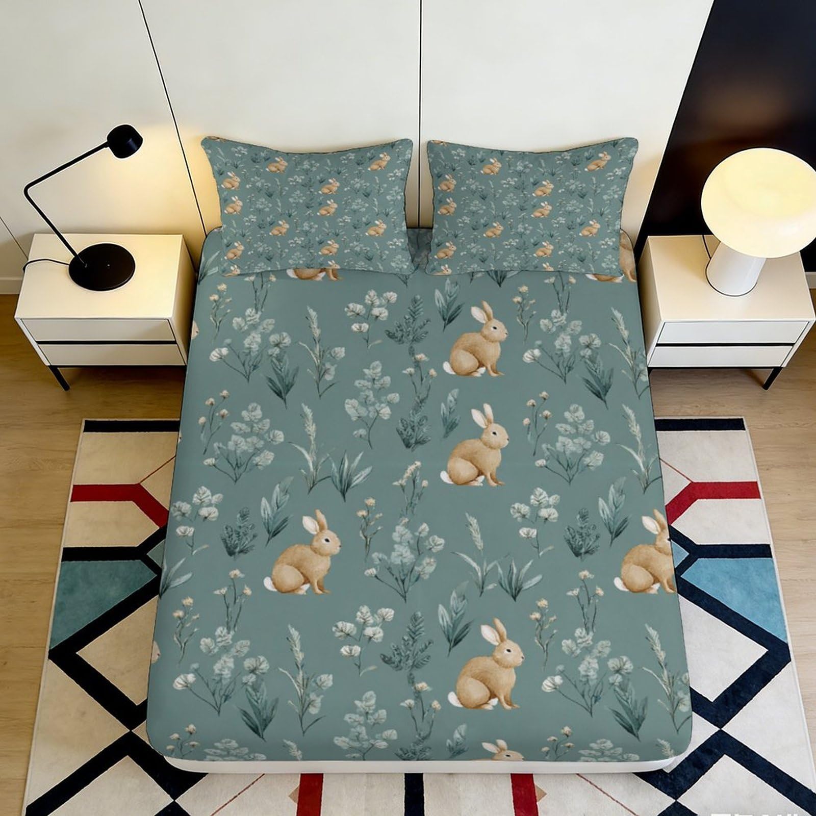 3D Printed Forest Rabbit Fitted Sheet Microfiber Deep Pocket All Wrap Bedding Woodland Non-Slip Rabbit Mattress Fitted Cover Washable 140x200x25cm