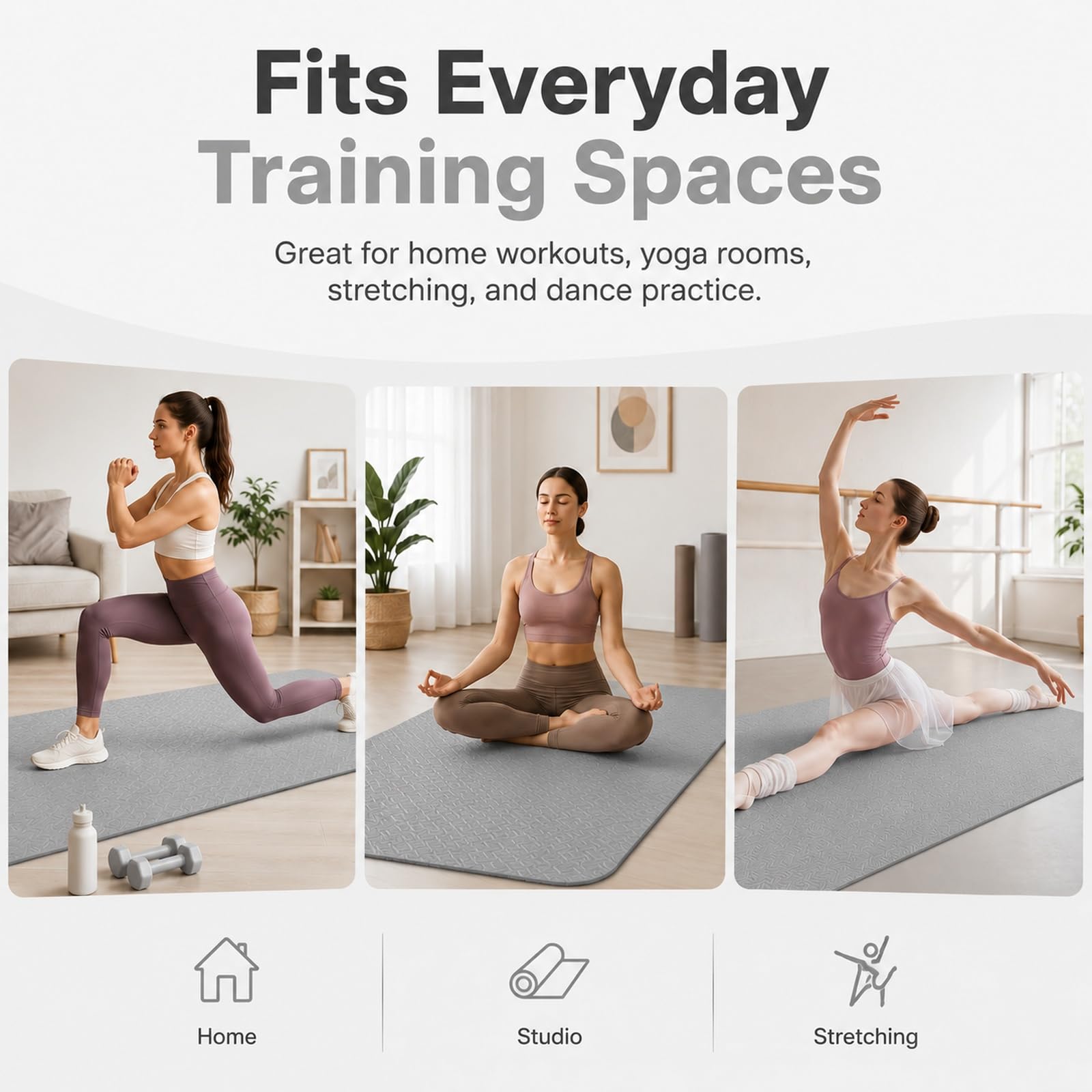 GOOGO Materassino yoga antiscivolo spesso, 183×61 cm, tappetino fitness in gomma TPE per yoga, pilates, stretching, home training e ginnastica (grigio)