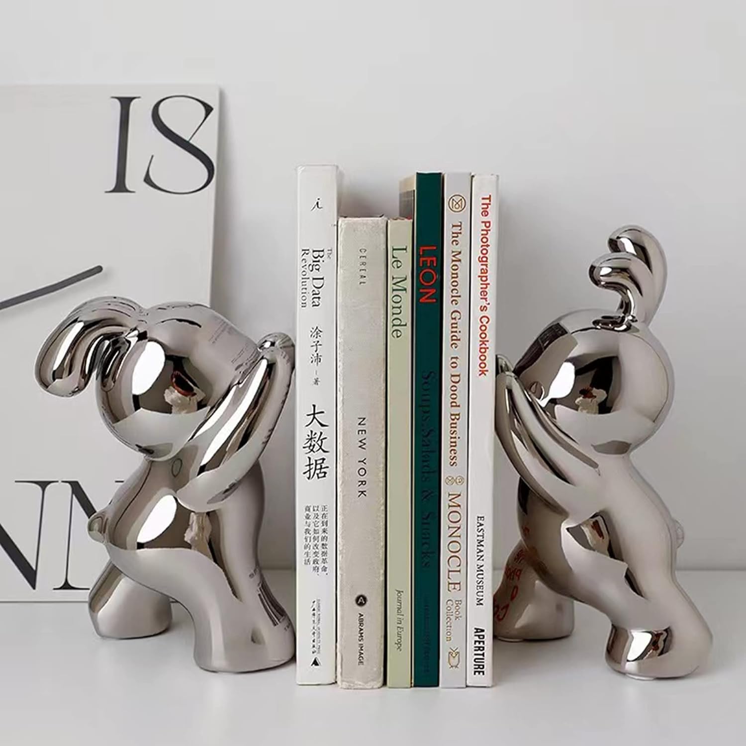 Linxia 2 Pcs Bunny Book Ends for Shelves Ceramic Animal Figurine Stands Organizer Heavy Duty to Hold Books/Movies/CDs/Video Games Silver-Plated Rabbit Home Decor