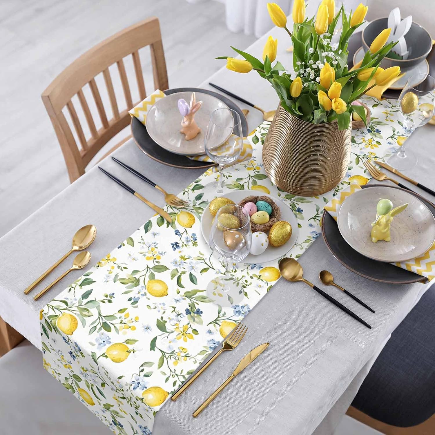 Summer Lemon Table Runner 90 inches Long Blue Flowers Leaves Waterproof Table Cloth Holiday Kitchen Dining Table Decorations for Indoor Outdoor Home Party Coffee