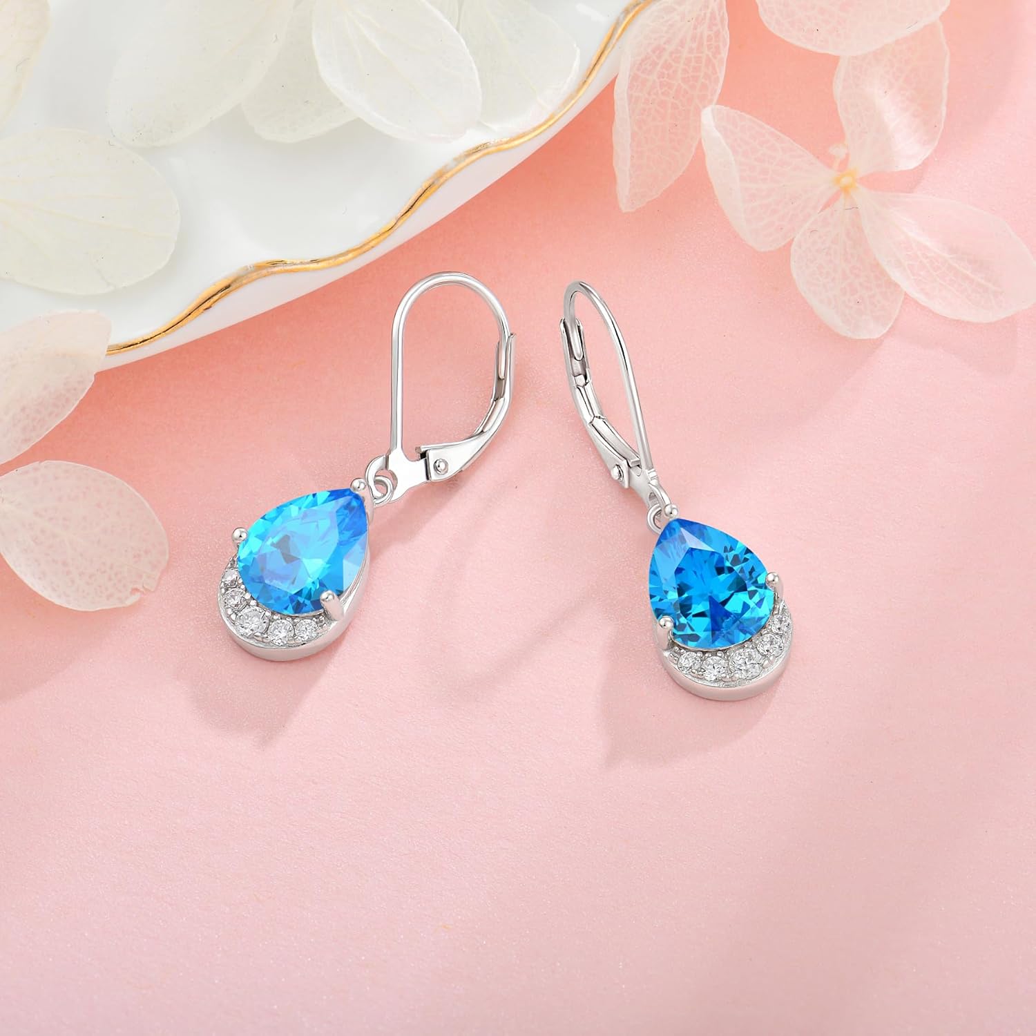 Dangle Drop Earrings for Women Teardrop Leverback Birthstone Earrings 925 Sterling Silver 5A Cubic Zircon Jewelry Anniversary Birthday Christmas Gifts for Wife Her - Image 4