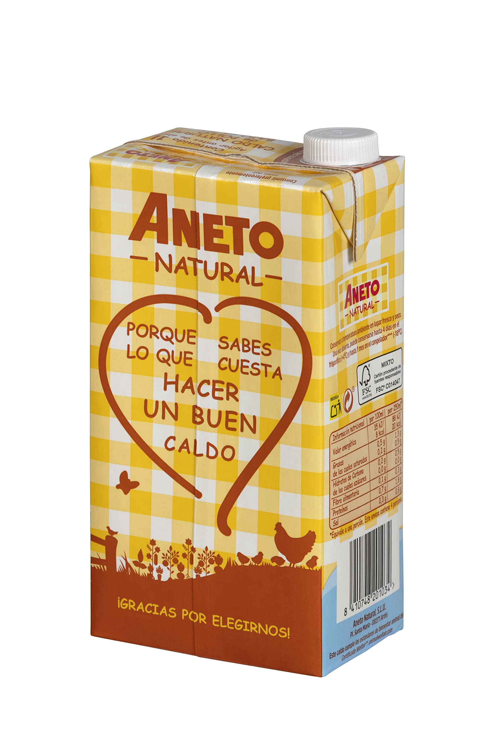 Aneto 100% Naturale - Brodo di pollo a basso contenuto di sale - scatola da 6 unità da 1L