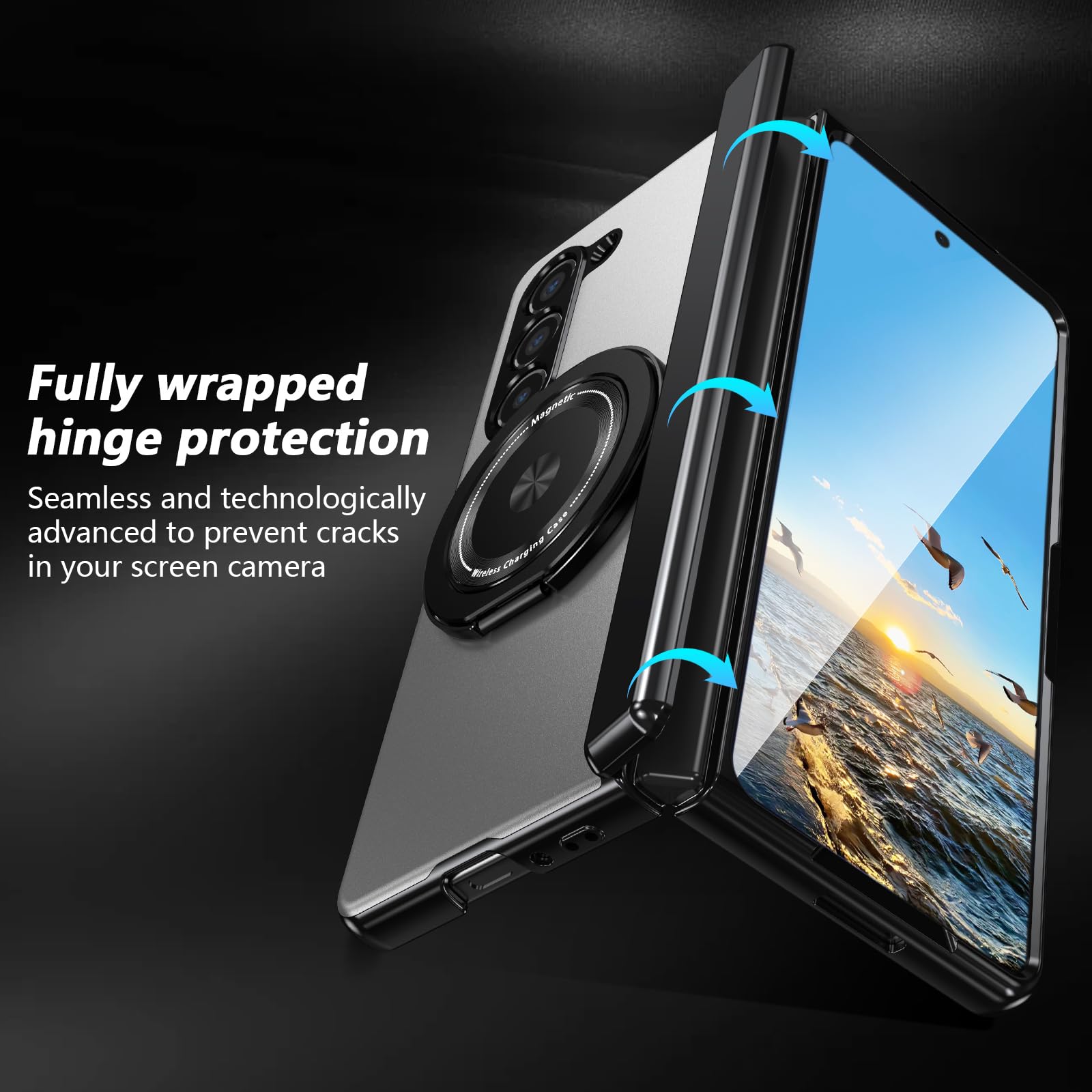 Custodia per Samsung Galaxy Z Fold 5 con protezione per cerniera e pellicola proteggi schermo e cavalletto ad anello in metallo, resistente, di grado militare, resistente alle cadute, per