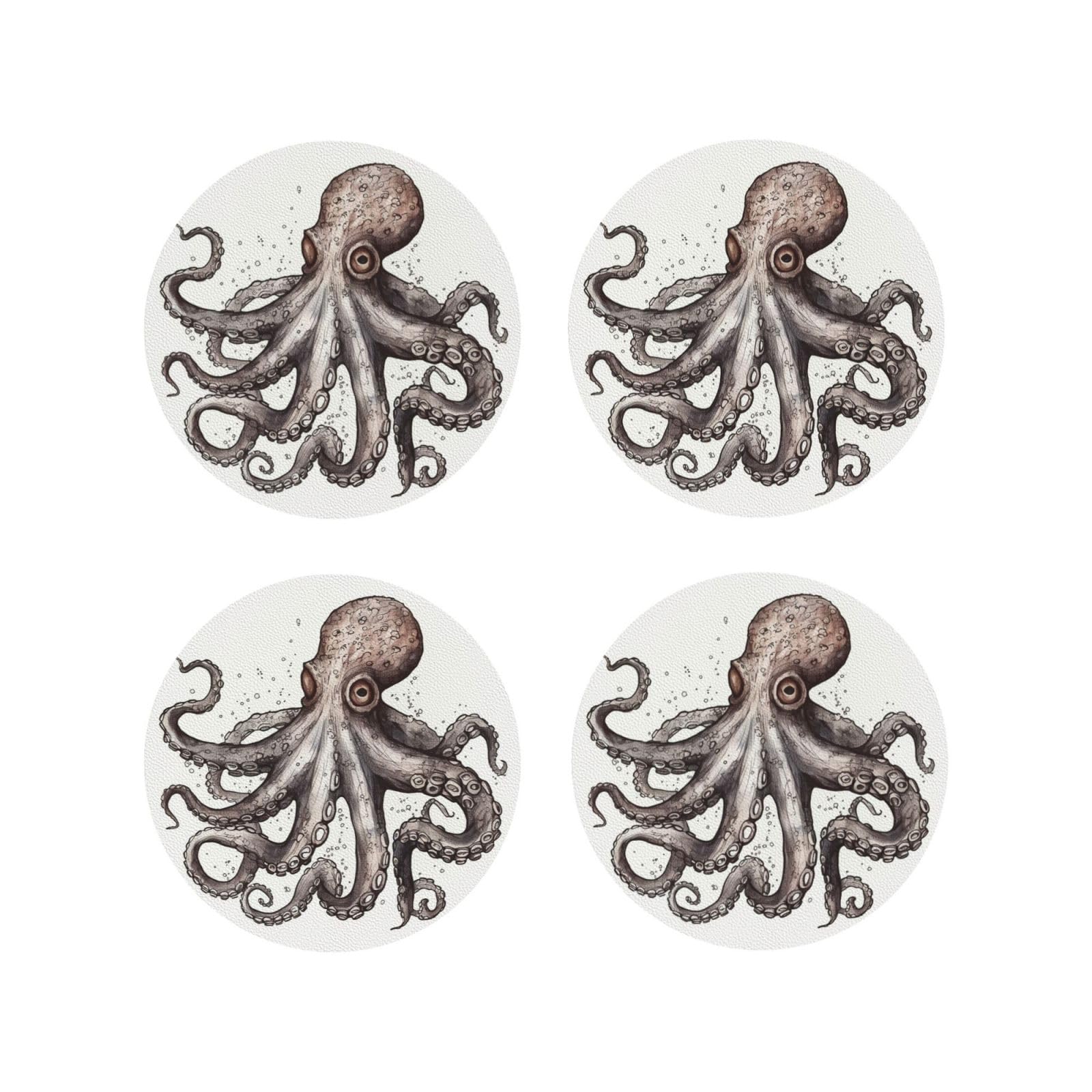 4Pcs PU Leather Coaster for Drinks, Octopus Cup Coastersr 4" Cup Mat Pad, Aesthetic Drink Coasters for Coffee Table, Round Shape Coaster for Tabletop Protection