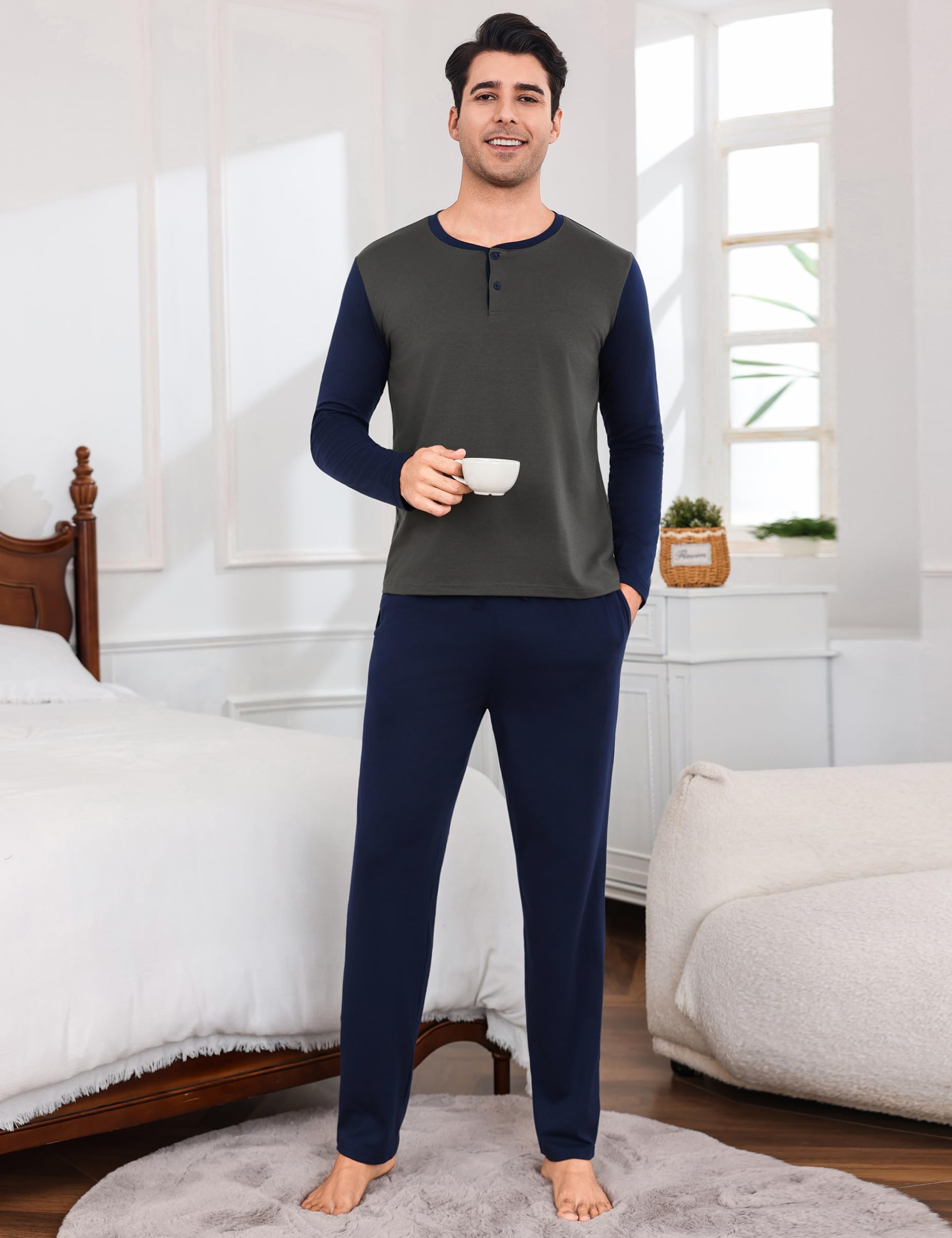 Aseniza Pigiama da Uomo Invernale, Pigiama a Maniche Lunghe in Cotone Semplice ed Elegante Pigiama Morbido Loungewear