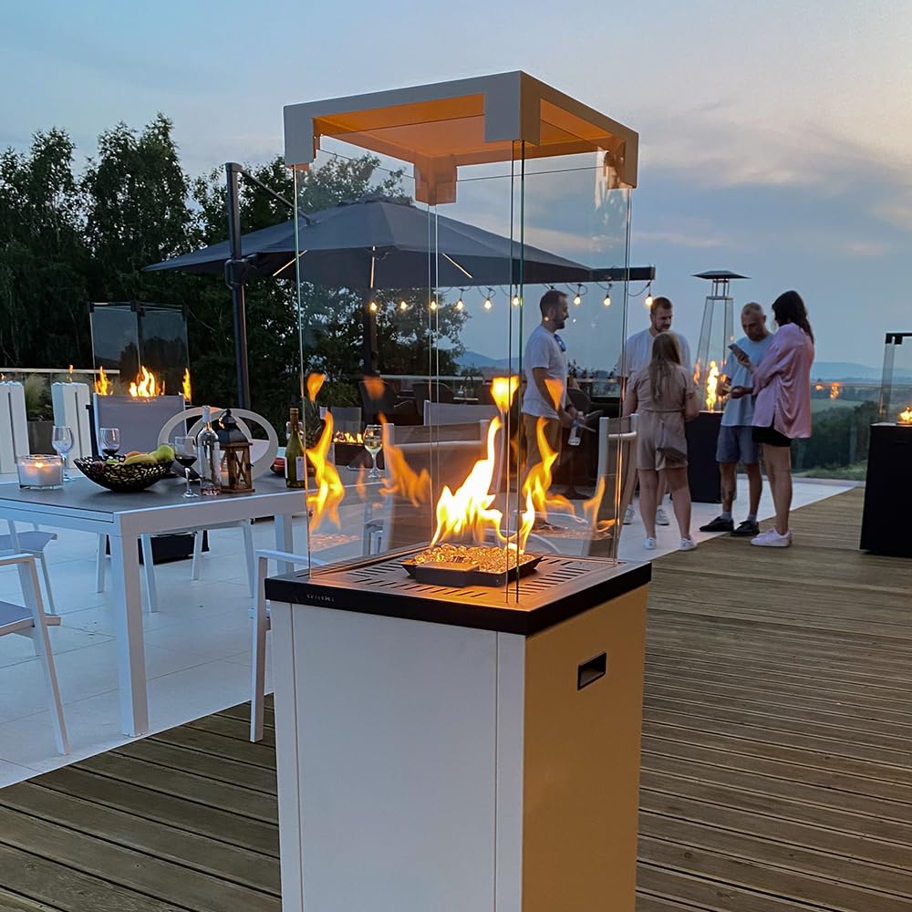 KRATKI Stufa da terrazza a gas PATIO LIGHT 144,4 x 37 x 37 cm bianco camino | PATIO LIGHT bianco, riscaldatore da esterno a gas, fornello a gas propano butano per esterno, braserro portatile con ruote
