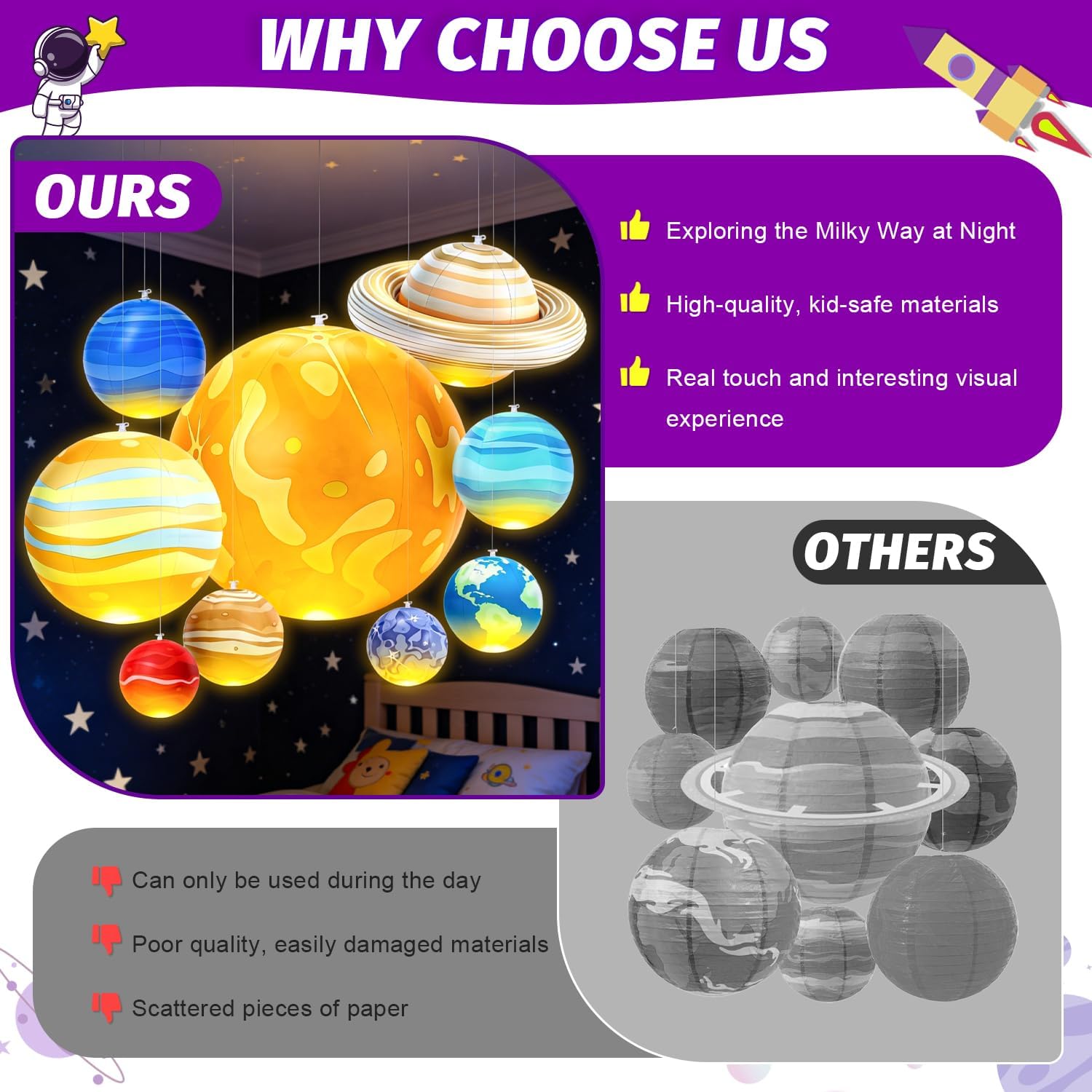 Inflatable Solar System Planets with Lights Inflatable Solar System Science Toys Boy Room Decor Ceiling Space 9 Giant Hanging Planets Astronomy Gifts Outer Space Themed Party Decoration