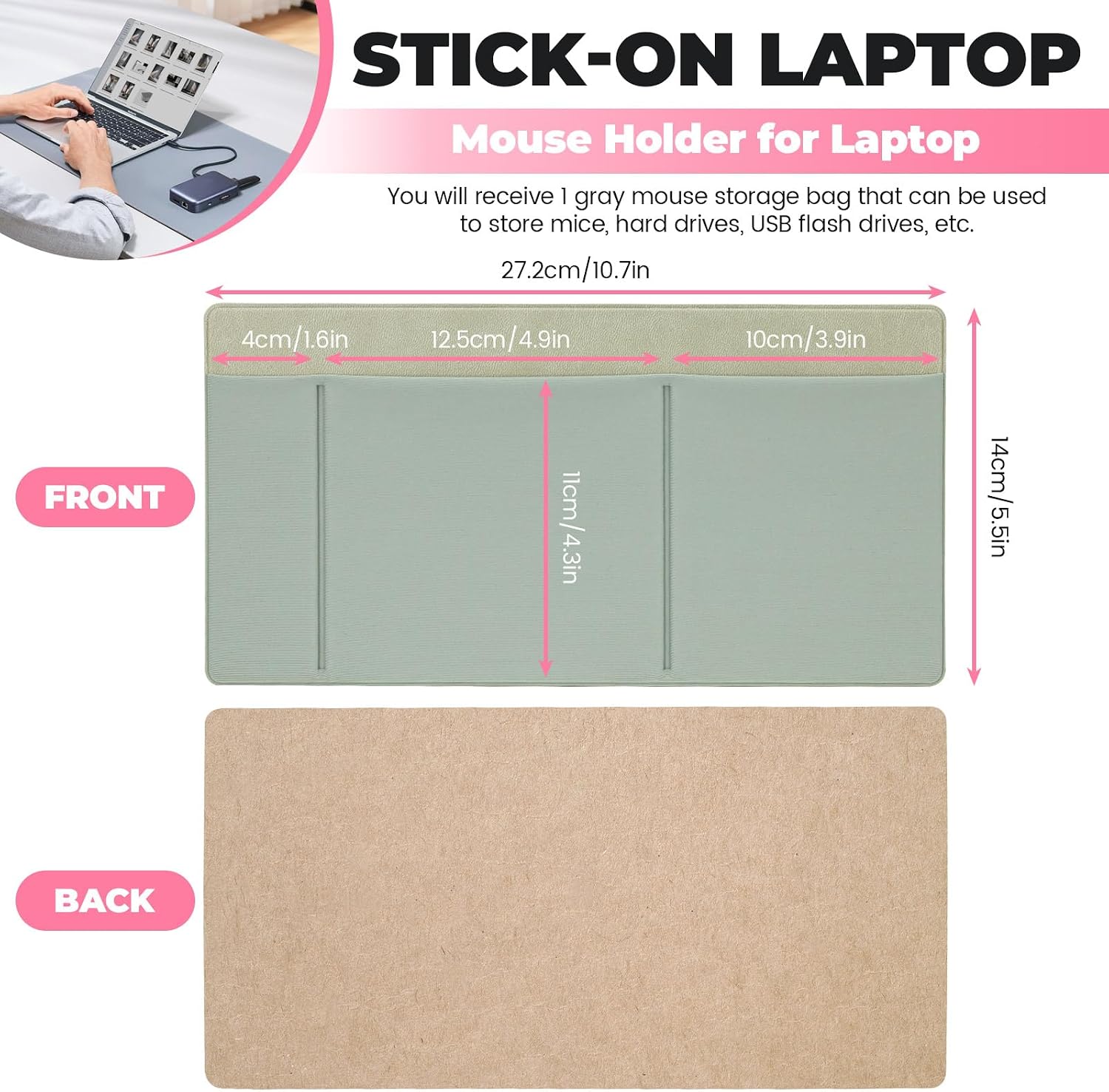 3-Pocket Laptop Pouch for Mouse & Hard Drive, Adhesive Holder Case Elastic Sleeve Pocket for External Portable SSD, Phone, USB Cable, Pen, Green