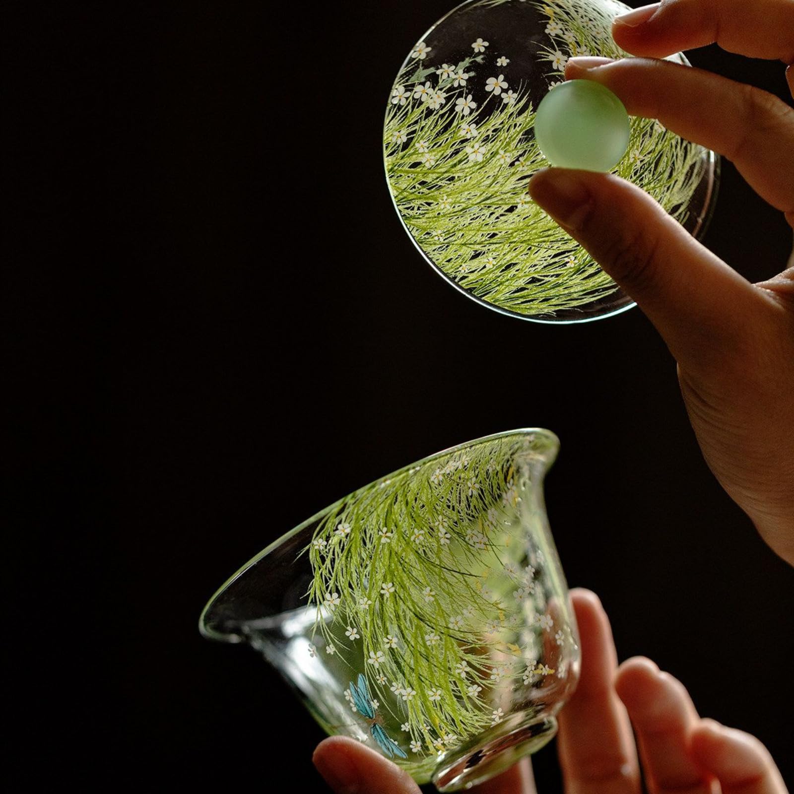 Handgezeichnetes Glas Gaiwan, 95 ml, Borosilikat, transparent, Teeschale, Kung-Fu-Tee-Set