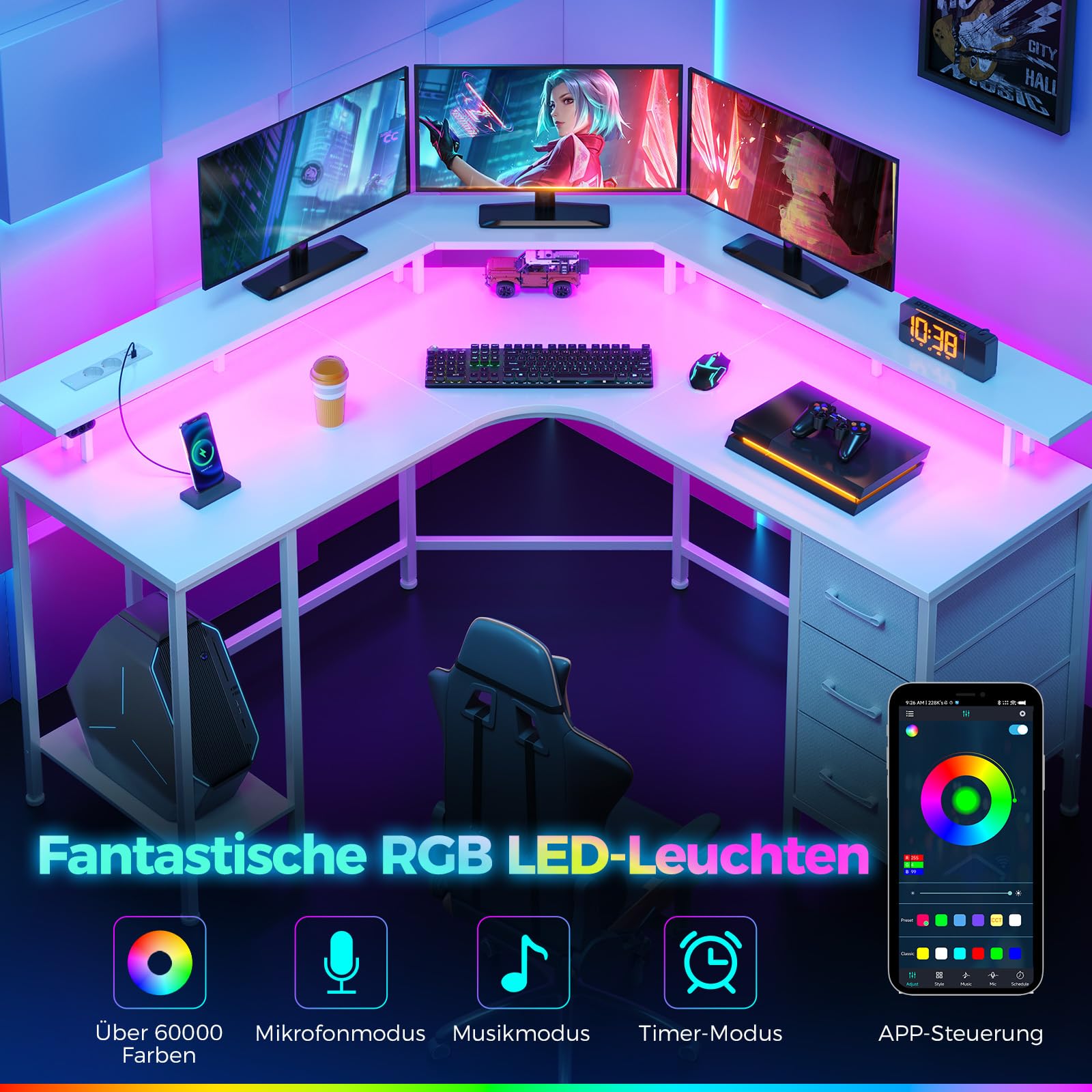 Seventable L-förmiger Gaming Schreibtisch mit LED-Beleuchtung & Steckdosen, Eckschreibtisch mit 3 Stoffschubladen & Ablage, Computertisch für Home Office & PC-Gaming,Weiß,119×119×88 cm