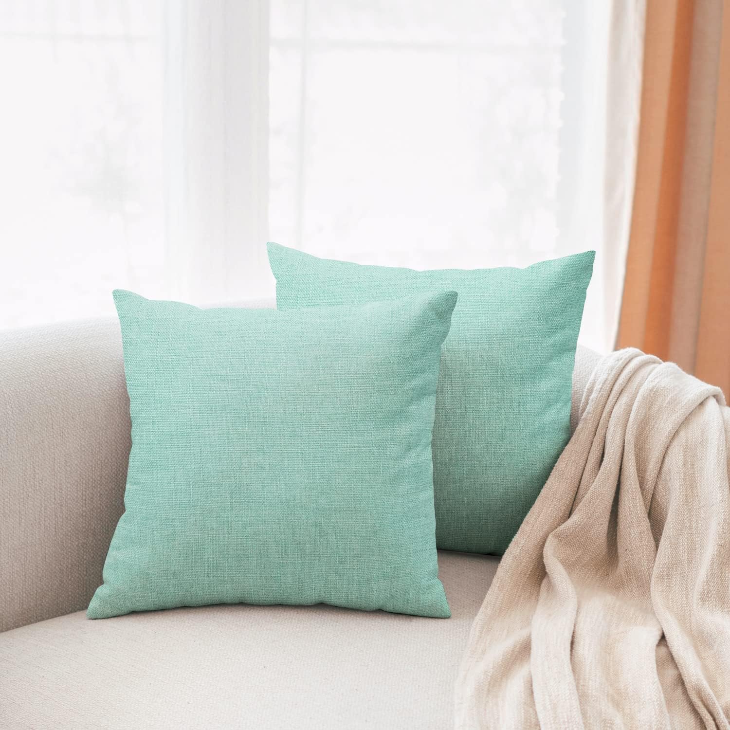 All Smiles Aqua Mint Throw Pillow Covers for Outdoor Patio Furniture Teal Accent Cushion Solid Aquamarine Case Daybed Couch Sofa Bed Home Decoration 16x16 Set of 2