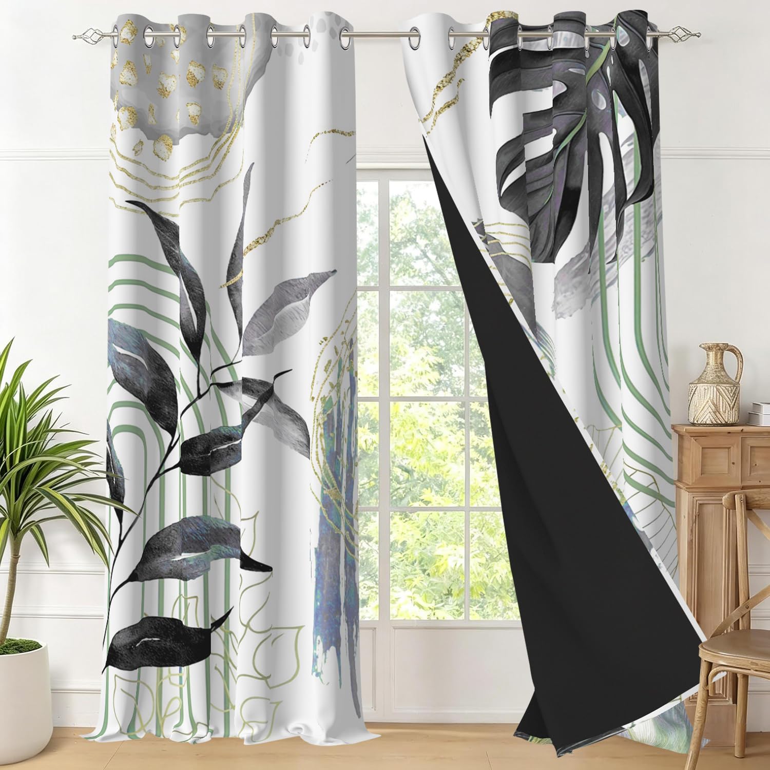 Rideaux Occultant Noir, Rideaux Occultant Tropical Boheme Feuilles de Palmier Rideau Thermiques Isolants Anti Froid et Chaleur Rideau à Oeillets pour Chambre Fenêtre, Lot de 2, 140x200cm
