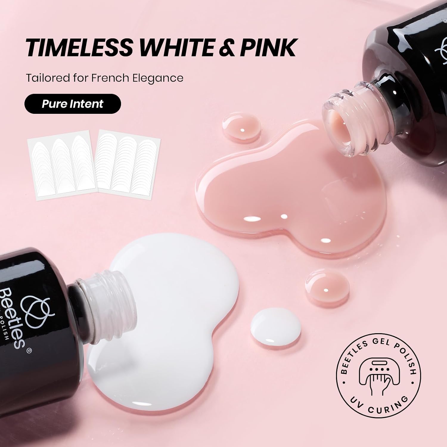Beetles French Tip Gel Polish Set - White Nude Pink Gel Nail Polish Set Soak Off UV LED with 2 Styles Bubble French Manicure Nail Art Sticker Sheets for DIY Home & Salon Summer Gift for Women