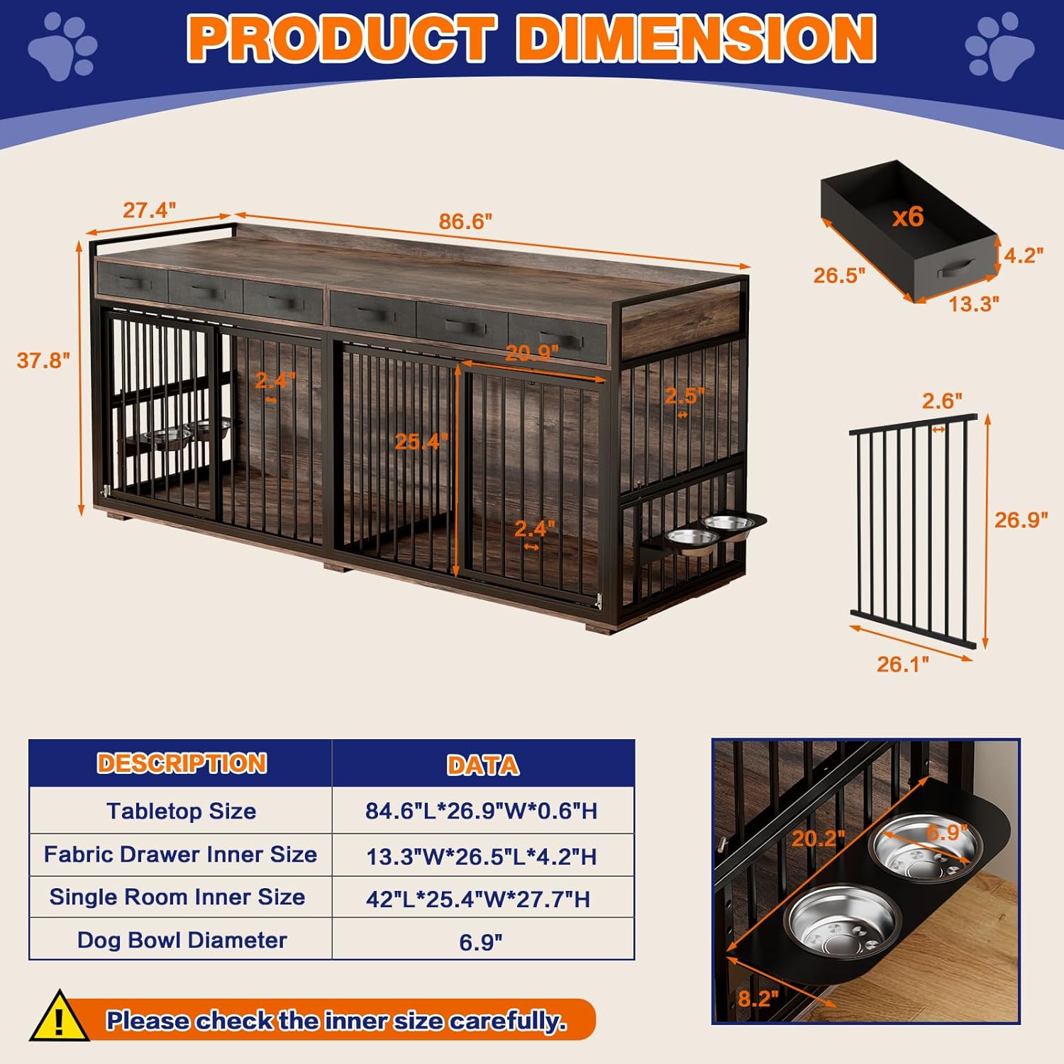 86.6" Large Dog Crate Furniture,Chew-Proof Metal Frame Wooden Double Dog Kennel TV Stand Table with Rotatable Dog Feeder Bowls and Drawers for 2 Dogs Indoor,Rustic Brown