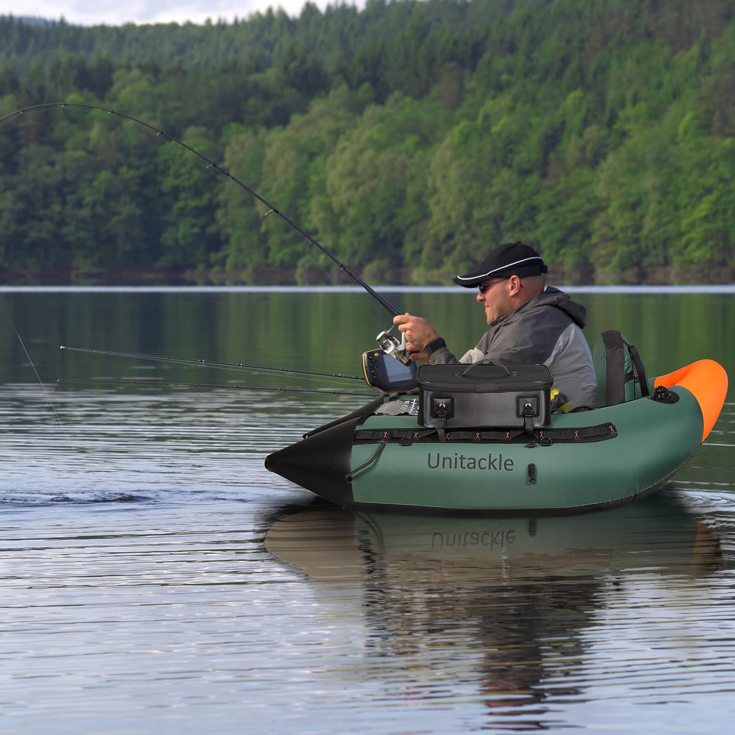 Inflatable Fishing Float Tube, Belly Boat Fishing with Detachable Side Bags, Hand Pump, Fish Ruler, Paddle, Fins, Rod Holder and Mount, Inflatable Float Tube for 330lb Load Capacity