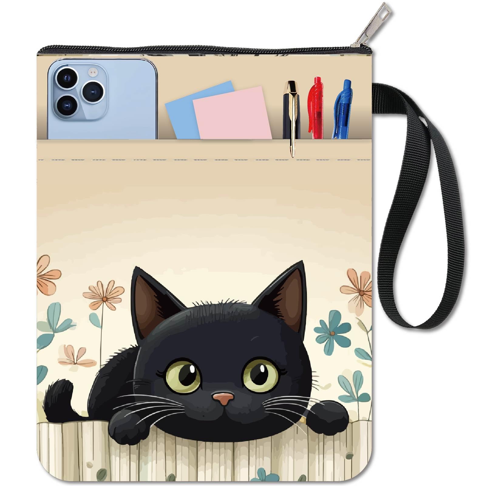 CRASPIRE 11x8.6In Cloth Cute Book Cover Black Cat Flower Fabric Sleeve Pocket Washable Reusable Double Sided Notebook Wraps Paperback Protector Bag Zipper Pouch for Book Lovers Bookworm Birthday Gifts