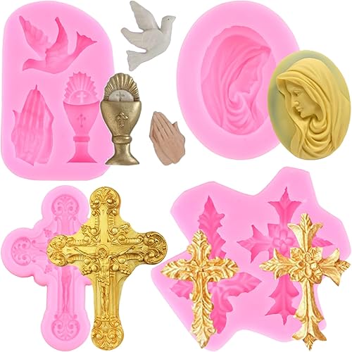 RFGHAC Moldes de silicona para decoración de tartas de bautizo moldes de silicona para cruz para cáliz paloma de la paz fondant para bautizo fiesta