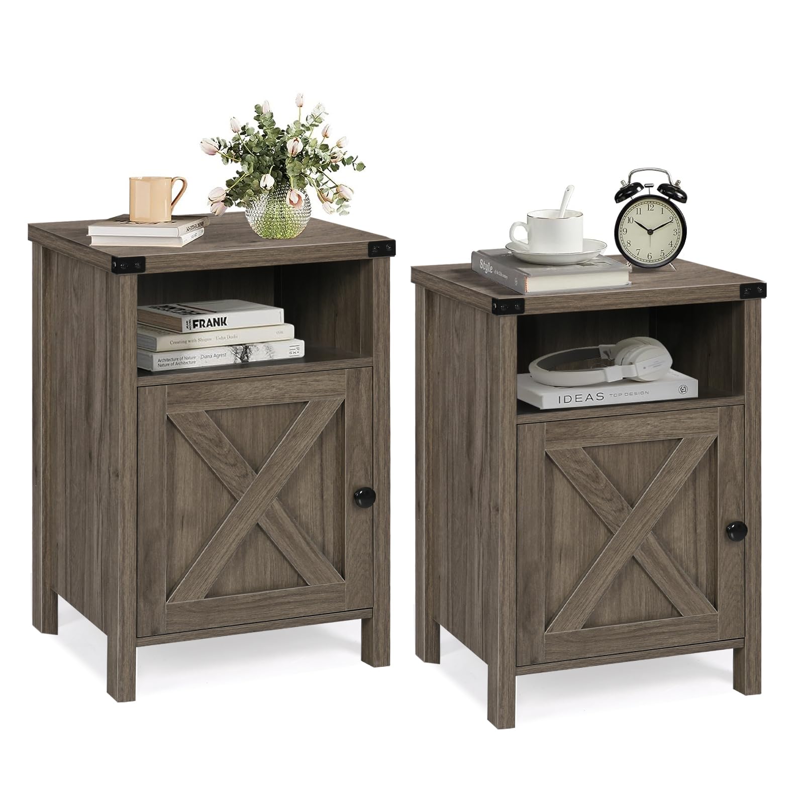 4ever2buy Farmhouse Nightstands Set of 2 with Barn Door and Storage Shelf, Bedside Tables, Farmhouse End Table Set of 2, Living Room End Tables Set of 2, Bedroom, Grey Wash