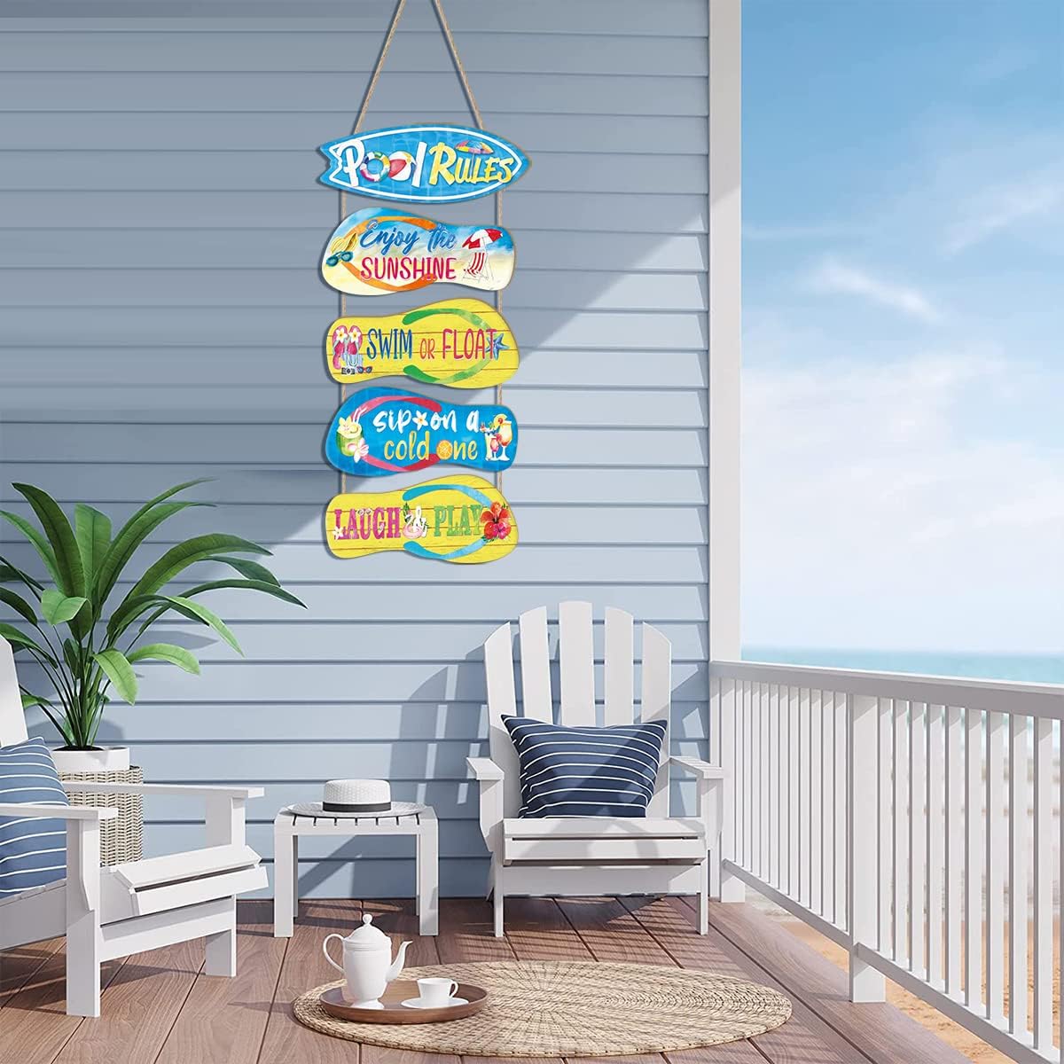 KAIRNE Summer Pool Sign Decor Outdoor Hanging,Pool Signs for Outside Funny Pool Rules Signs Outdoor Decor,Beach Theme Wall Art Set of 5(13.5x5inch) Summer Slippers Decorations for Swimming Pool Decor image 5