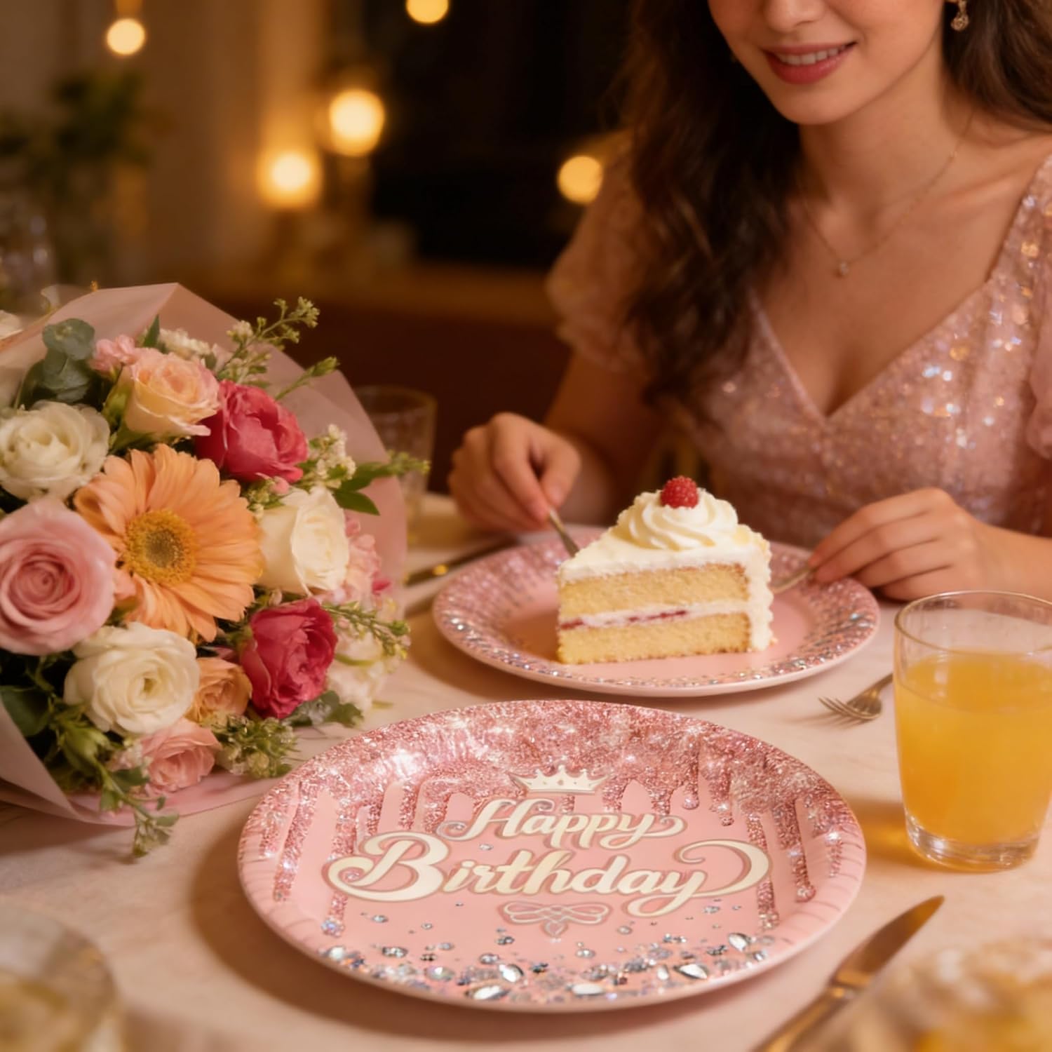 80pcs Pink Rose Gold Plates and Napkins Party Supplies - Happy Birthday Tableware Set, Disposable Party Favors for 20 Guests, Elegant Shimmer Diamond Decor for Baby Shower, Girls, Women - Image 3