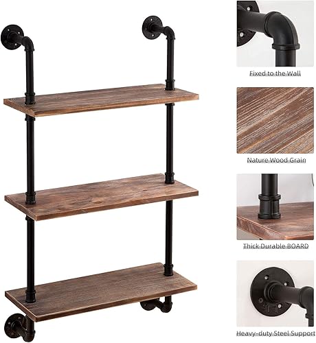 Miniatura 7 de ROGMARS Estante flotante de madera de pino real de 3 niveles, 20 x 7.87 x 41.3 pulgadas, estilo retro industrial, estantes de pared de baño