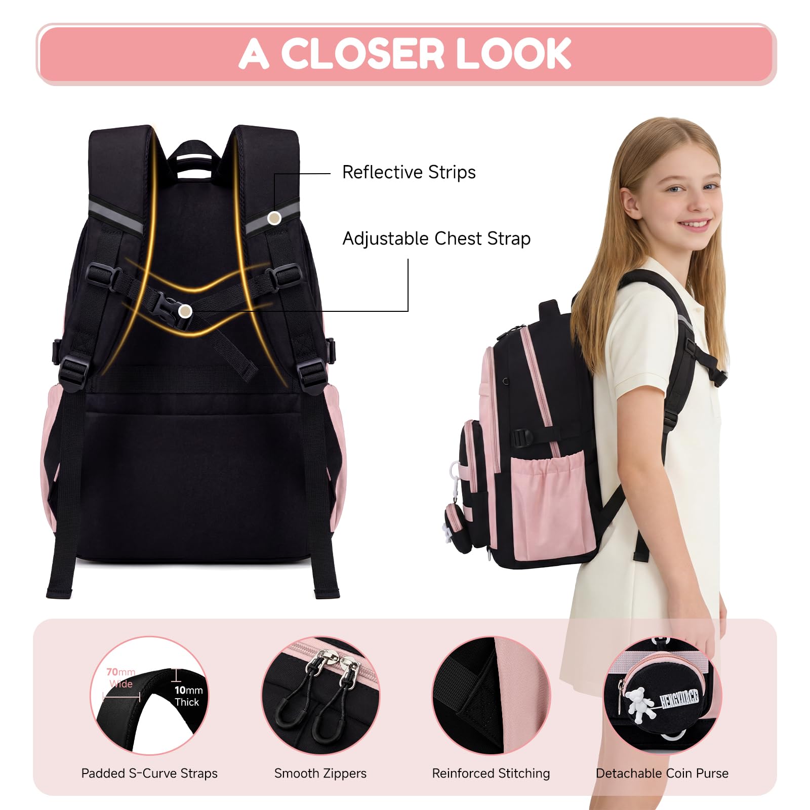Amythe Mochila Escolar para Niñas Adolescentes 3 Piezas - Set Colegio Secundaria (Mochila Grande Chicas+Bandolera+Estuche) - Impermeable Ligera - Edad 11-18 Años -Rosa