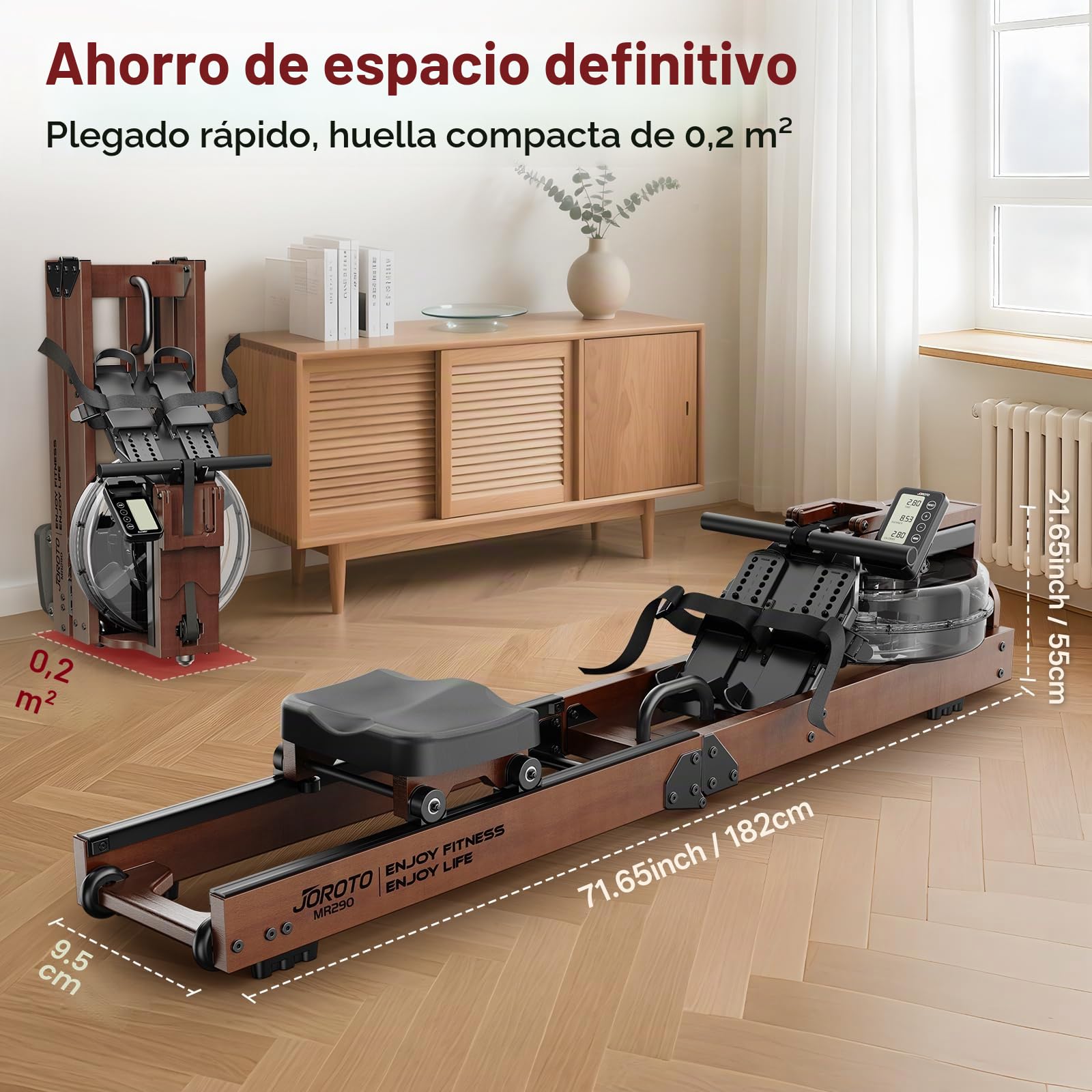 Máquina de Remo JOROTO para el hogar, máquina de Remo de Agua de Madera Plegable | Conexión Bluetooth a la aplicación Kinomap | Capacidad máxima de Peso 150 kg | Depósito de Agua de 16L | 98%