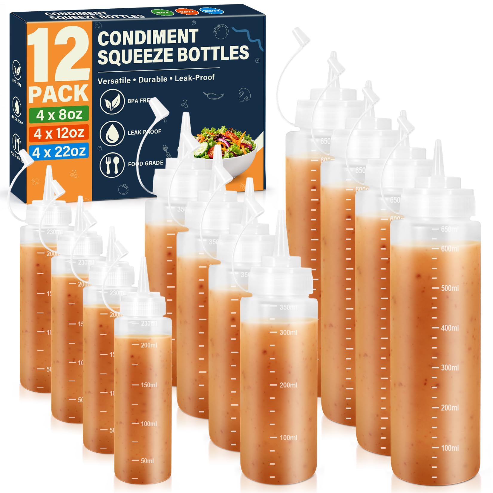 12Pack Squeeze Bottles for Sauces, Syrup Bottle, Ketchup and Mustard Bottle