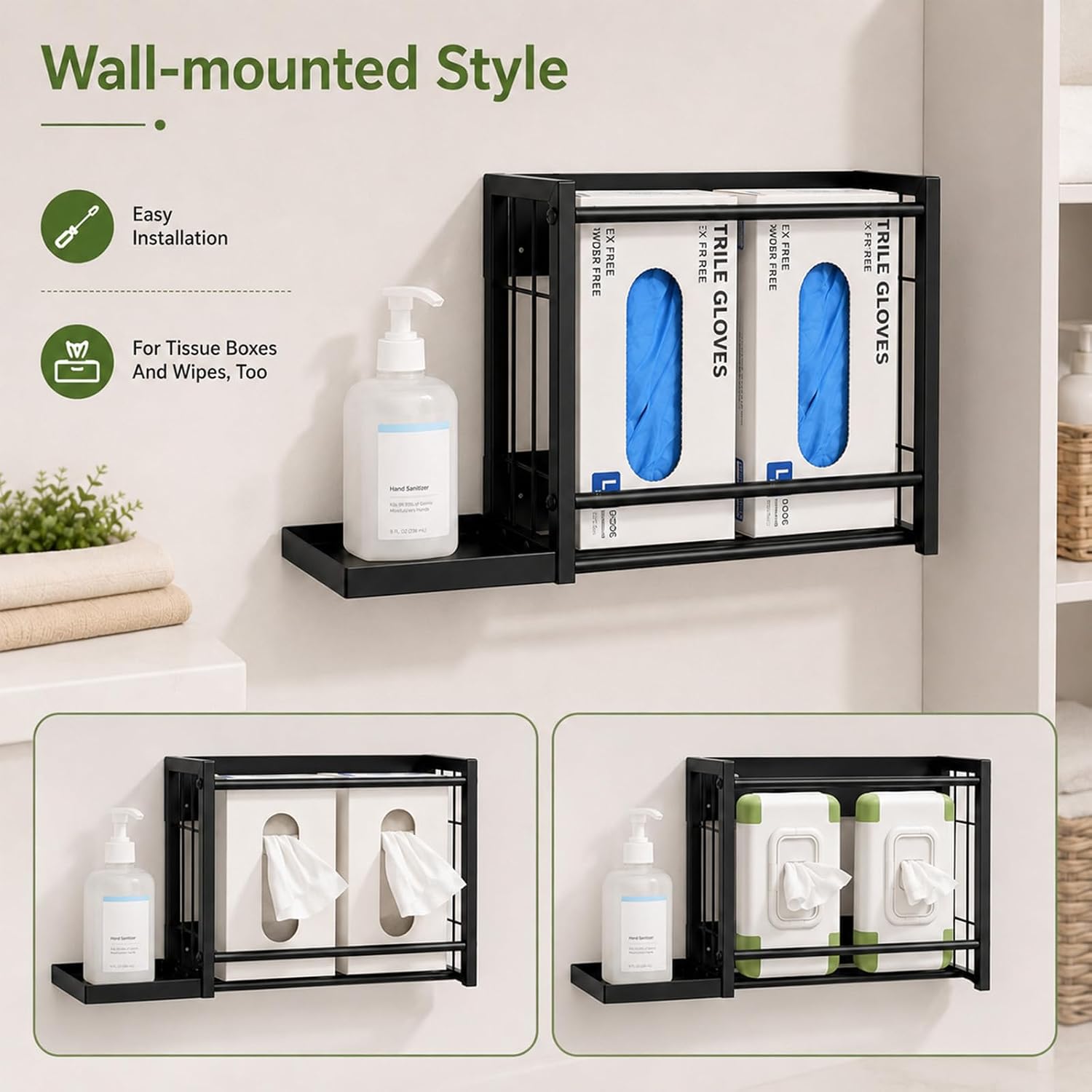 2-in-1 Magnetic Glove Holder with Small Bottle Stand - Wall Mount Dispenser for 2 Latex Glove Boxes + Lotion or Spray Bottle – Steel Metal Organizer for Kitchen, Garage, Toolbox, Fridge 2 Pack