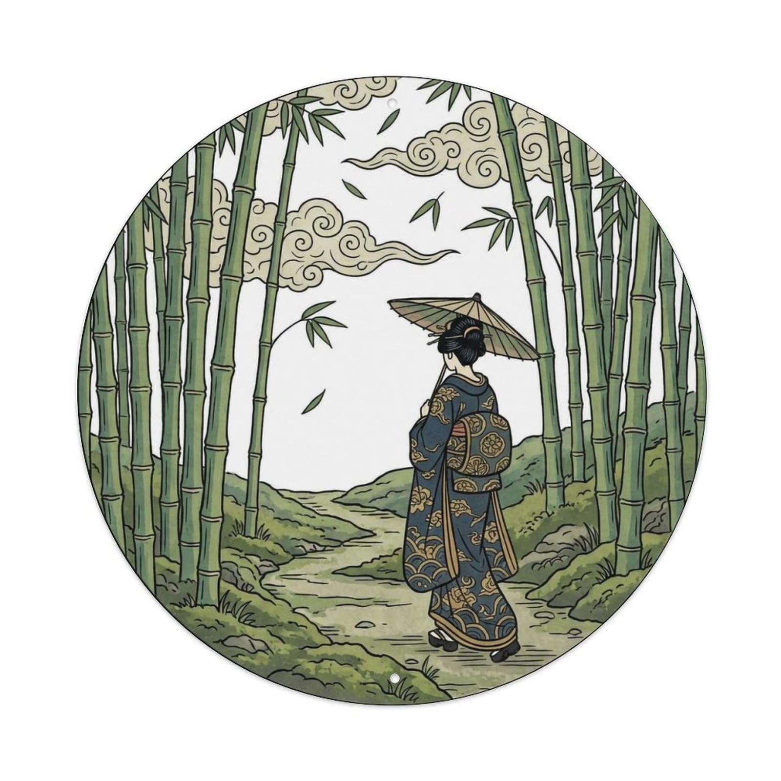 Japanese Geisha Bamboo Forest Path Walking Scene Metal Tin Sign