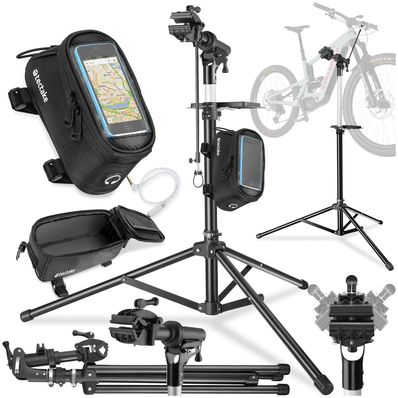 tectake®, Set Cavalletto bici per riparazione in acciaio e borsa telaio, cavalletto manutenzione bici, bike stand, ebike e bicicletta supporto, porta mtb, asta telescopica regolabile - Stile Treppiede