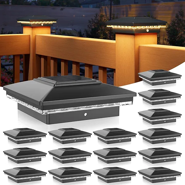 APONUO 4x4 Solar Post Cap Lights 16 Pack - IP65 Waterproof, 24 LED Warm White Solar Lights for 4x4 Wood/Vinyl Fence, Deck, Patio & Yard (Auto On/Off, 10H Runtime, Easy Install)