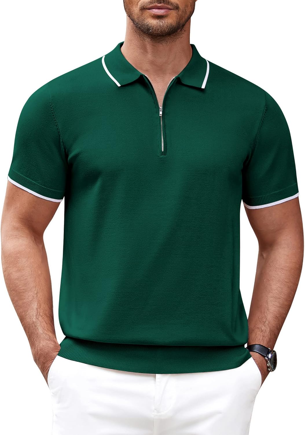 COOFANDY Men's Zipper Polo Shirt Casual Knit Short Sleeve Polo T Shirt Classic Fit Shirts